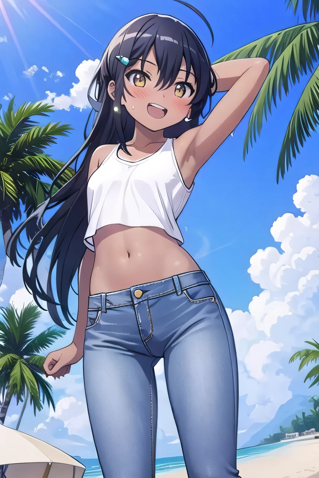 True Face　stand　alone　afternoon　sunset　bright　from the front　straight　low length　Cowboy Shot　Place your arms behind your head　Belly button　Ocean　Beach　Show me your armpit hair　Beauty　blush　Tank top　Shorts