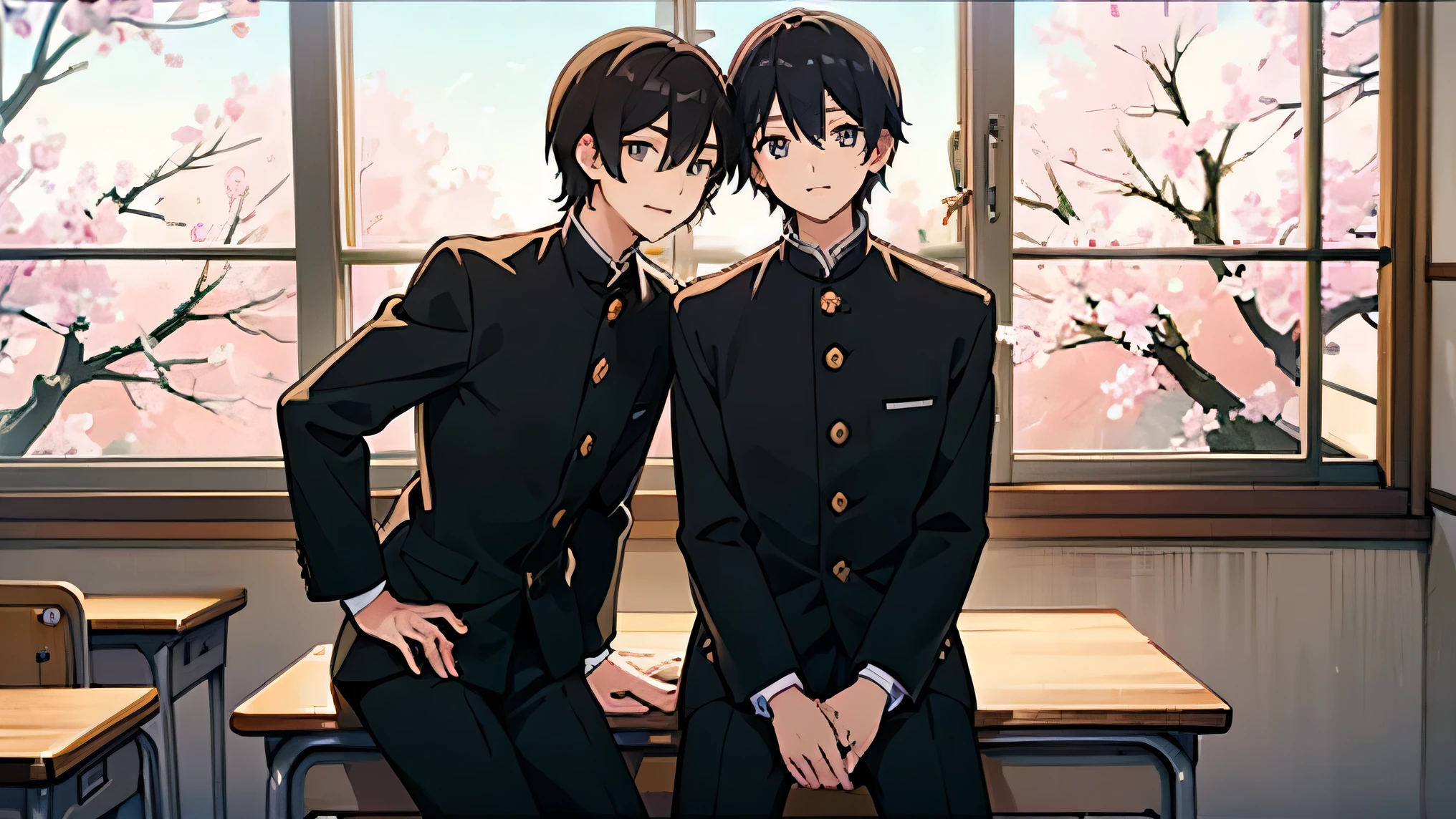 Two Japanese men handsome smile In the classroom window 二人共にBlack school run school uniform Black school run Outside the window is early spring there is only one cherry tree boys love cartoon The two sit side by side Future Classroom