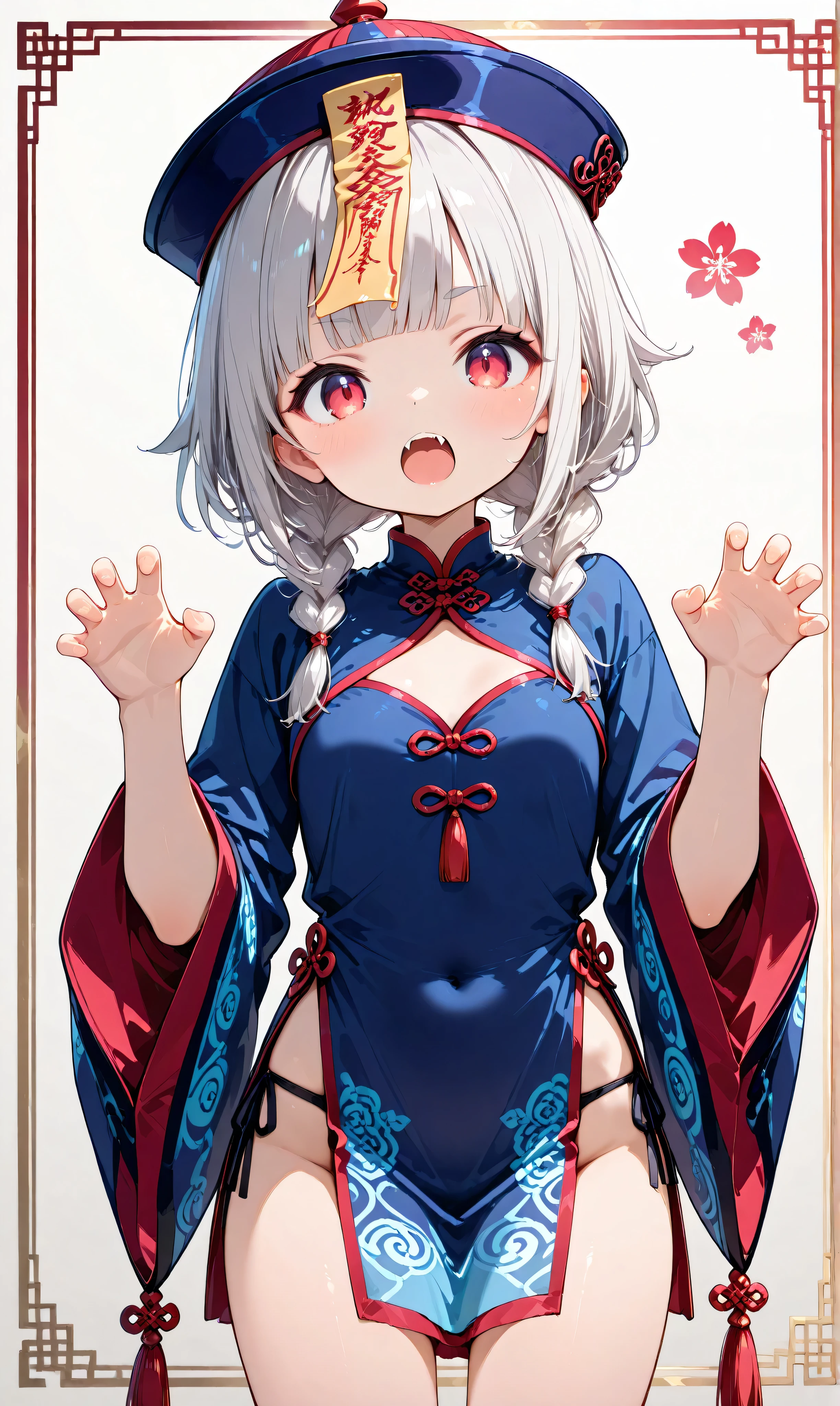 1girl, solo, jiangshi, twin braids, blunt bangs, red eyes,
qingdai guanmao with a ofuda, chinese clothes,
claw pose, small fangs
