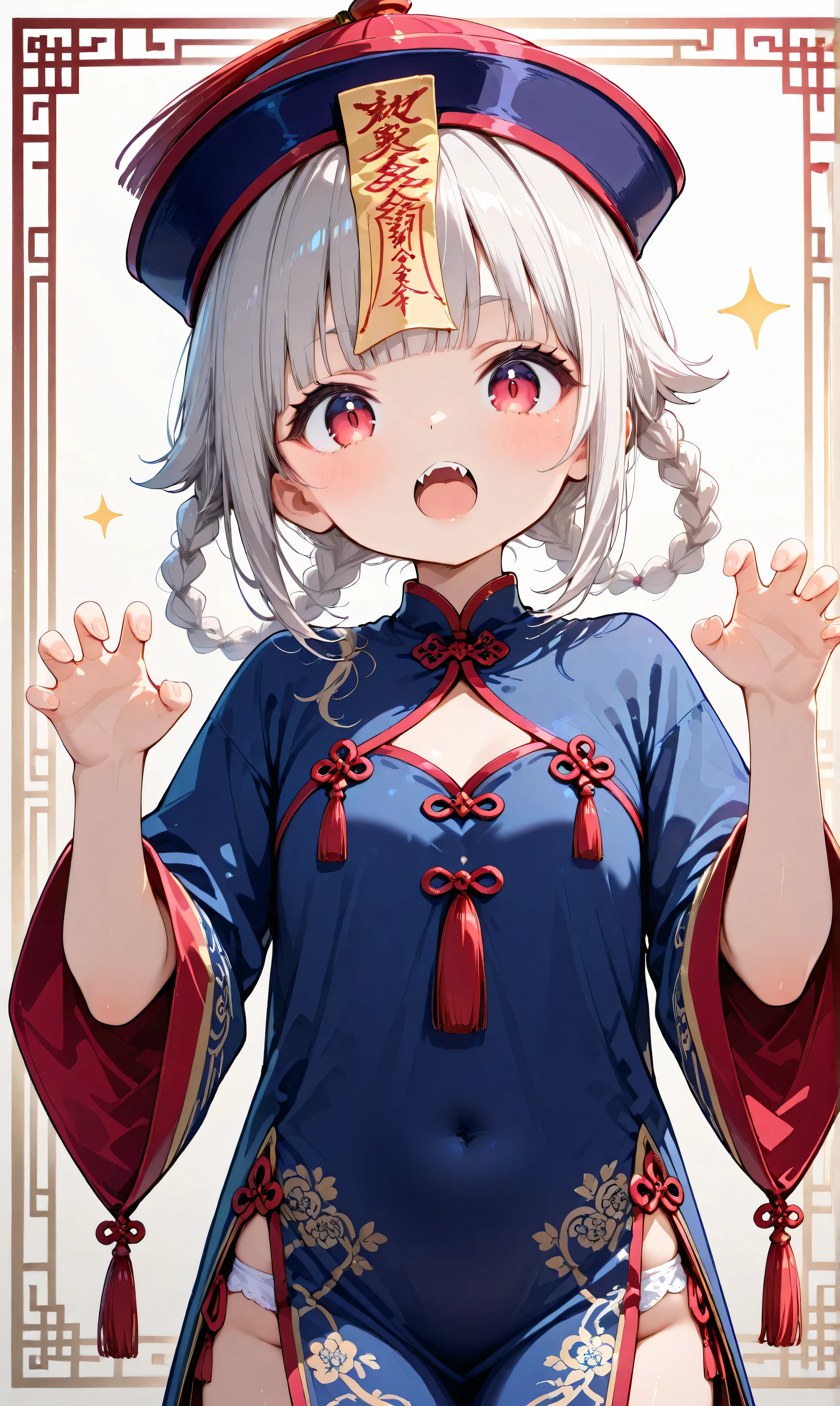 A cute young jiangshi girl, solo, with twin braids and blunt bangs framing her red eyes. She wears a qingdai guanmao adorned with an ofuda and traditional Chinese clothing. Her small fangs are bared as she strikes a claw pose.