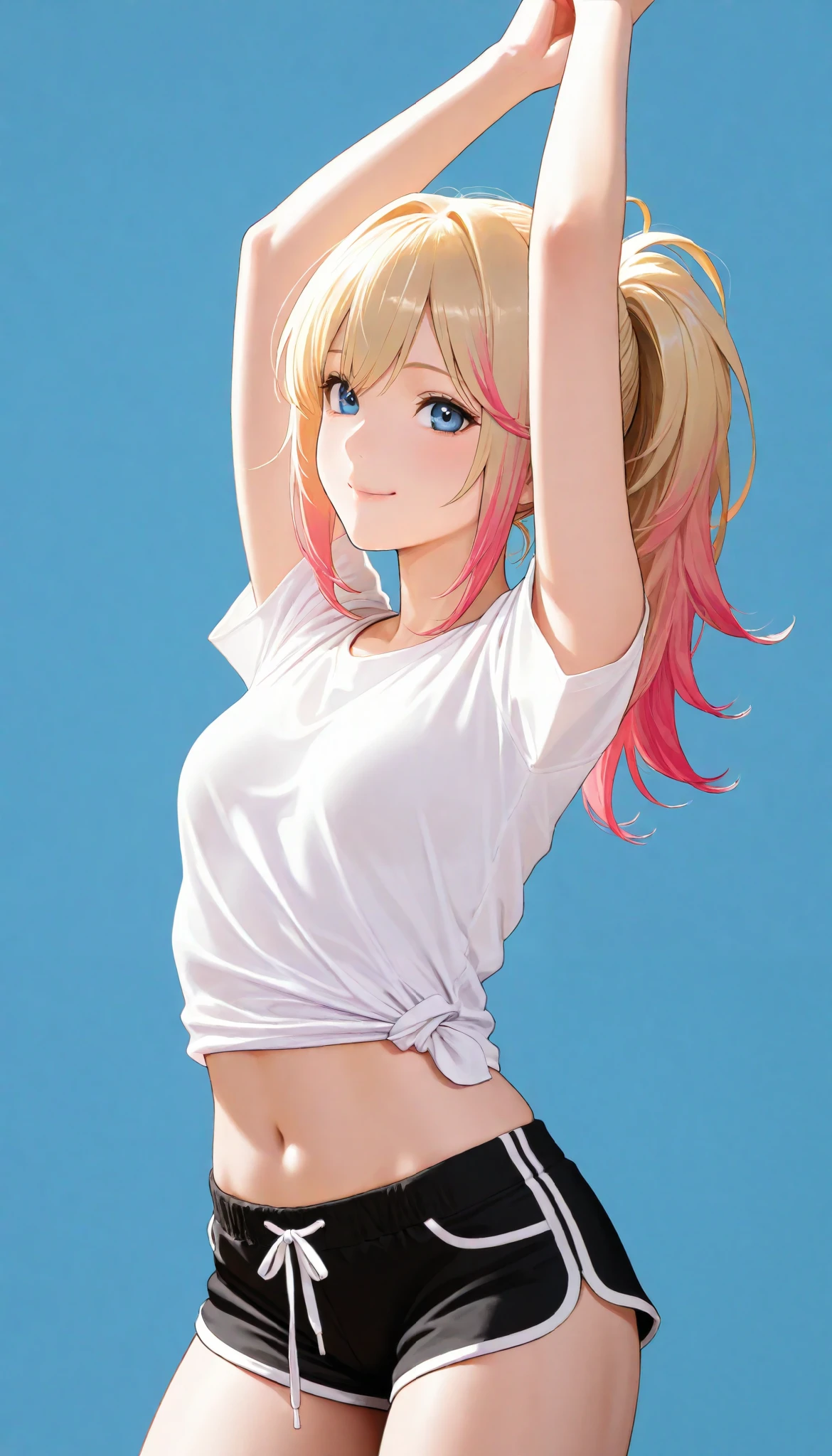 ,smile,ponytail dyed hair,stand up,black shorts,white shirt,sexy legs,perfect body, very small breasts,Soft light, High Precision, best quality,upper body,blue plain background  ,blue background