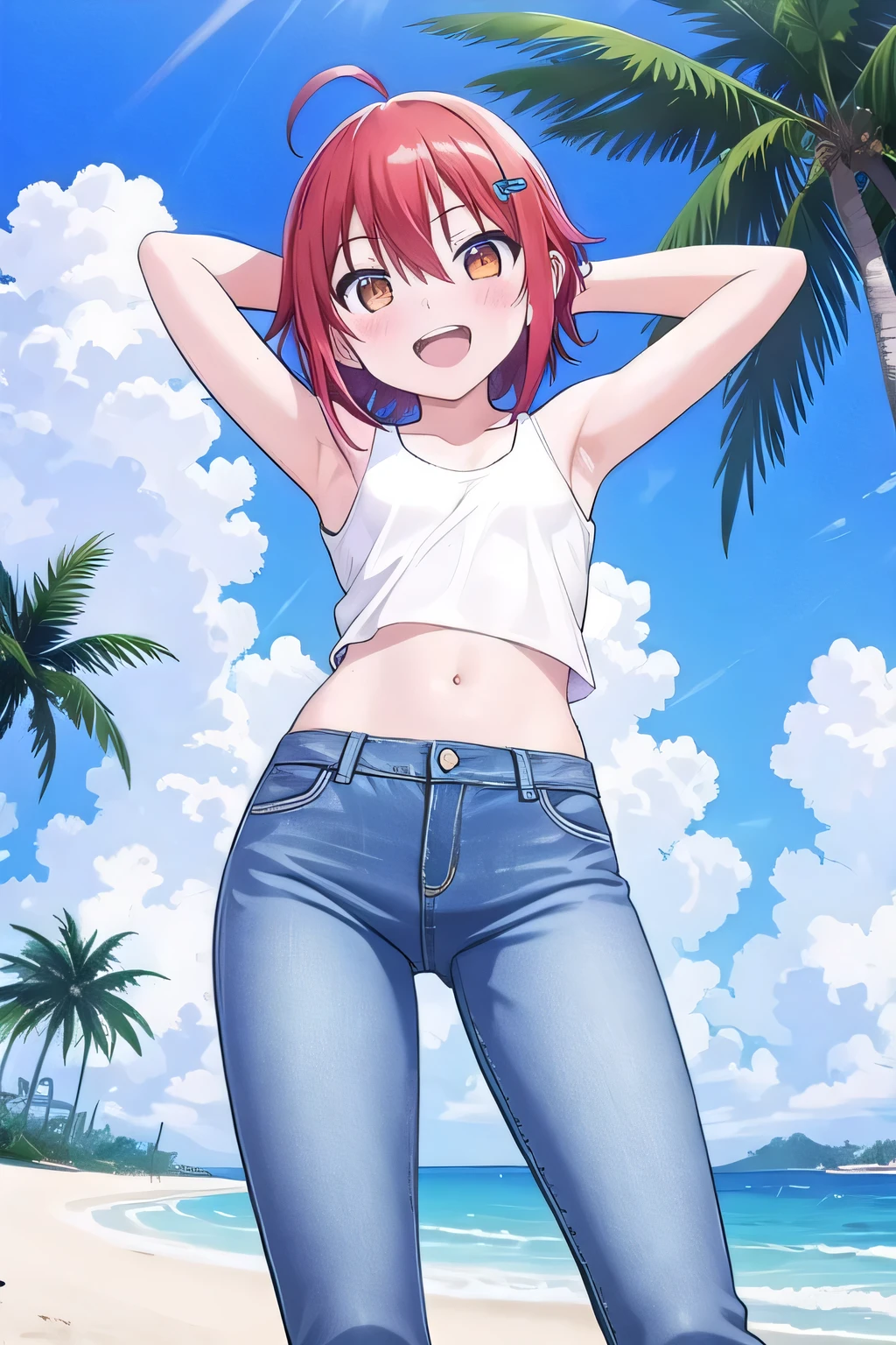 sassy, childish, nerdy, red-haired girl, skinny, tanned, straight loose hairstyle, half-closed eyes, flat, small ass, small glasses, topless, erect nipples, puffy nipples, navel, denim shorts, black flip-flops, smiling excitedly, in front of a beach house facing the sea, comedy manga, Shimada Funikane style, cinematic, dramatic, dynamic view, full body, CG masterpiece, ecchi,