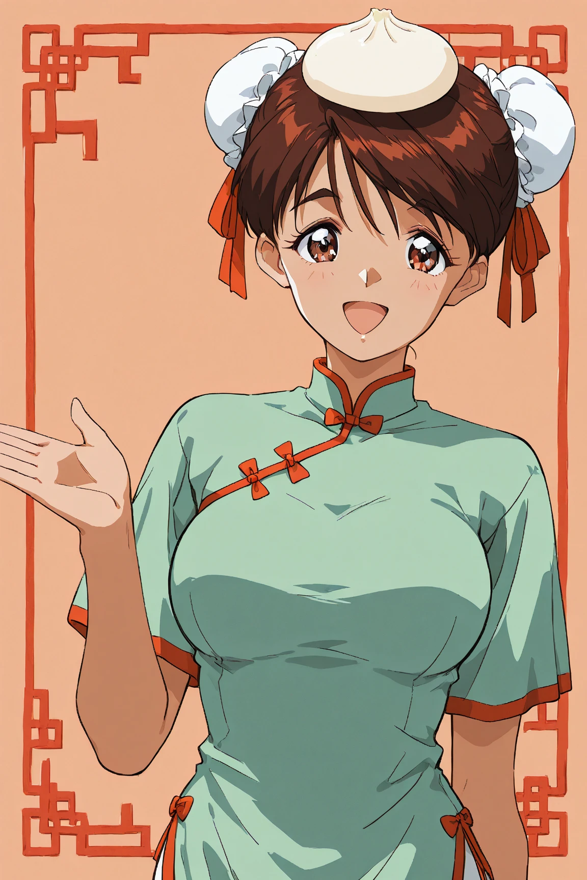 YANG5SECONDS, 1GIRL, (SOLO:1.3), SHORT HAIR, LARGE BREASTS, BROWN HAIR, BLACK HAIR, RED DRESS, BARE SHOULDERS, CLOSED EYES, SLEEVELESS, HAIR BUN, DOUBLE BUN, CHINESE CLOTHES, SIDE SLIT, BUN COVER, upper body, facing viewer, in the center, smile,