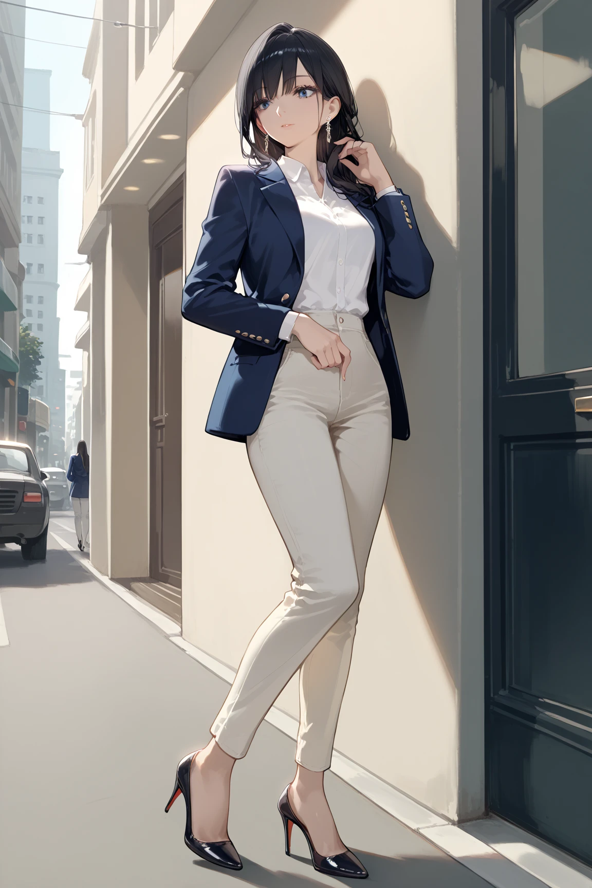 (NSFW:1.0),1 Female,Mature Woman,59 years old,Japanese,Female President,Bright red lips,Light brown shorthair,ample bosom,Mini jacket,blouse,White leggings with see-through lace on the sides,full body,belly button,Realistic, High heels,background:Sidewalk in front of an office building under the scorching sun