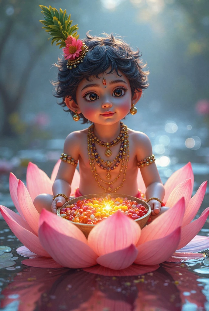 Lord Krishna as a baby, sitting on a pink lotus flower in a pond