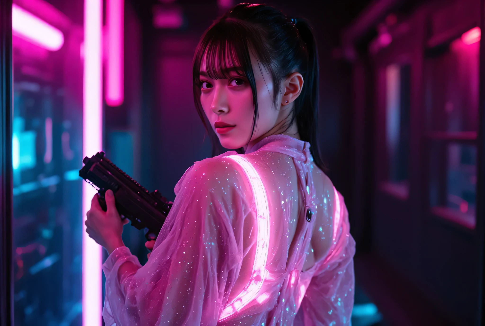 (((The dark interior of the Nostromo ship :2.0))),((( HR Gigger style cyberpunk atmosphere :2.0))),(((Hold a laser rifle in the shape of a large male penis:2.0))),side view from the back,Side pose,((looks back and look at the camera:2.0)),(( looking back over my shoulder :2.0)),Rear View,((full body:2.0)),One Woman,(Cute Face),(Beautiful well-balanced face ),((long hair with bangs:2.0)),( black hair:1.5),(beautiful eyes:1.3),a glamorous shot of a 20-year-old Japanese woman, Slender Beautiful Body ,((model body type:2.0)),(( slim body with hot water:1.7)),perfect body line,ideal proportions,(bigger breasts in bikinis:1.5),Bare thighs,sensual thighs seen from below the crowd,delicate body,( Muscular:1.5),A harmonious posture,((Beautiful ass:2.0)),((cute ass:2.0)), ((((Bare ass :2.0)))),((( T-back :2.0))),(Realistic breast depiction :1.5),carefully depicting limbs based on perfect anatomy,Filled with multicolored LEDs,((Transparent super high leg leotard that shines pink like the armor of a near-future samurai:2.0)),((super high leg leotard made of sparkling glass that fits the body:1.5)),((military coat style translucent pink coat with the front open over a leotard:2.0)),(ear monitor:1.5),((Tactical Holster:1.5)),(gloves:1.3),Concept Art,(top quality:1.5),(masterpiece:1.5),(Ultra-high resolution),resolution,UHD,(Delicate Description), carefully drawn with butterfly wings ,32K,((realistic skin texture:1.5)),((( super realistic :1.5))),carefully draw eyelashes,Highly Detailed Faces,Highly detailed female hand,very sensual,(Blurry Dim Backgrounds :1.5),professional photo shoot,(movie light:2.0),((Blade Runner-style lighting:2.0))