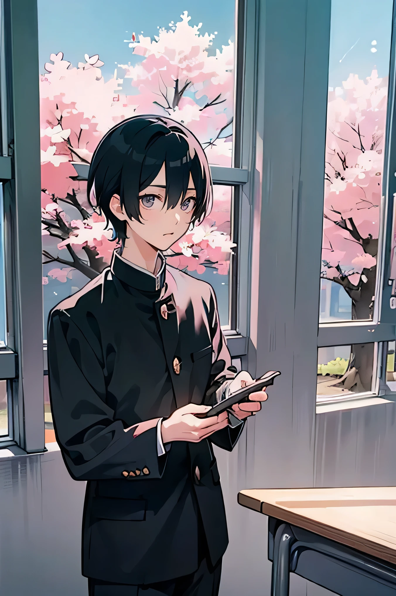 Two Japanese men handsome In the classroom window 二人共にBlack school run school uniform Black school run Future Classroom Outside the window is spring and there is only one cherry tree 二人共にBlack school run 二人共にBlack school run 二人共にBlack school run 二人共にBlack school run