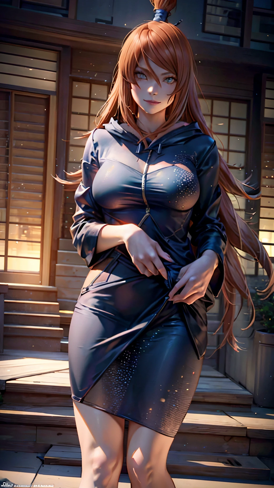 "A highly realistic depiction of a beautiful woman resembling Terumi Mei from Naruto Shippuden in real life. She has long, flowing auburn hair, bright green eyes, and a warm, confident smile. She is wearing a stylish hoodie, blending modern fashion with a touch of elegance. The hoodie is slightly oversized, giving her a casual yet attractive look. Her makeup is subtle, emphasizing her natural beauty. The background is softly blurred, suggesting an outdoor urban setting or a cozy indoor environment. The lighting is natural and flattering, enhancing her radiant complexion and expressive eyes."