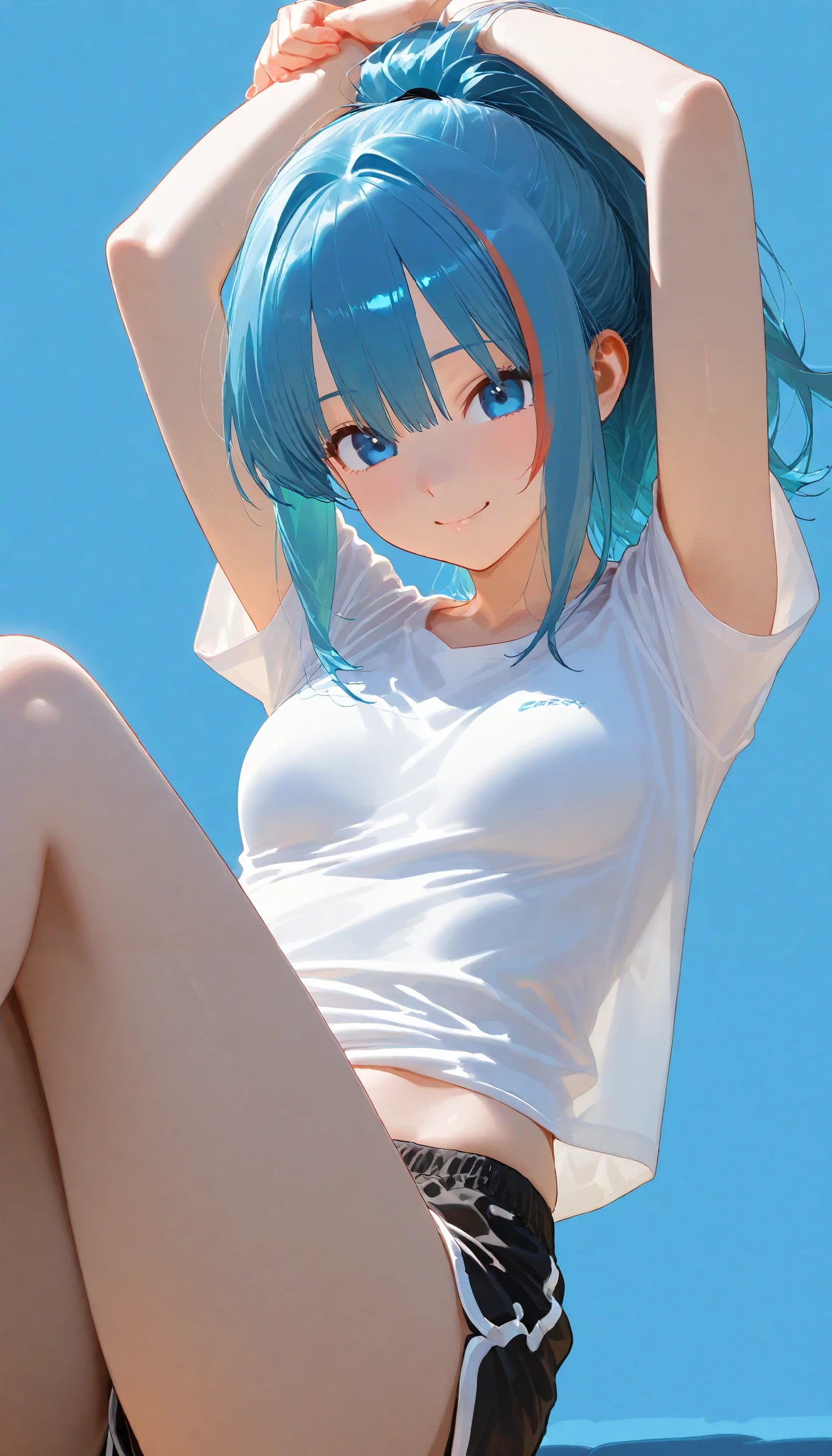 ,smile,ponytail dyed hair,stand up,black shorts,white shirt,sexy legs,perfect body, very small breasts,Soft light, High Precision, best quality,upper body,blue plain background  ,blue background