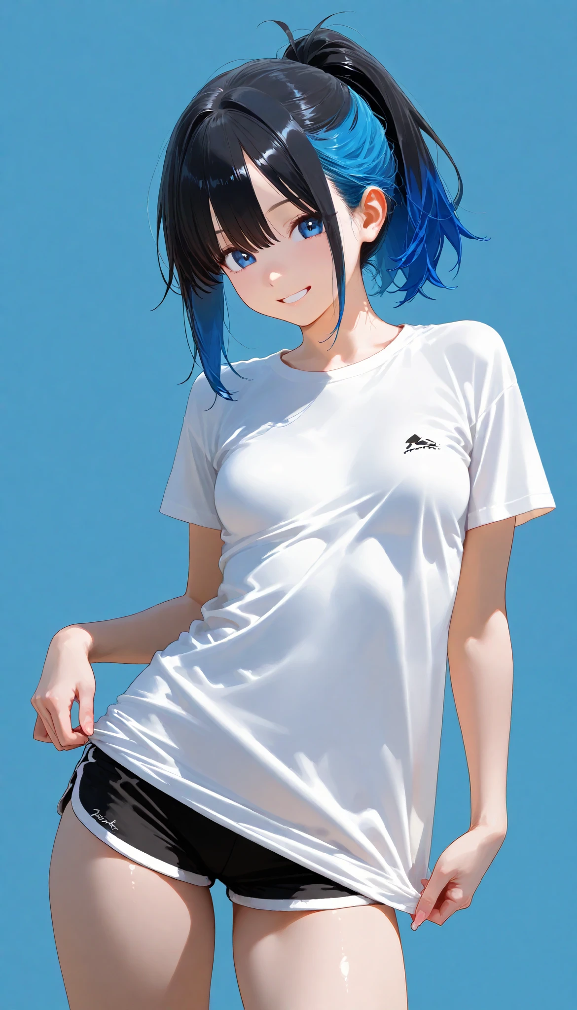,smile,ponytail dyed hair,stand up,black shorts,white shirt,sexy legs,perfect body, very small breasts,Soft light, High Precision, best quality,upper body,blue plain background  ,blue background