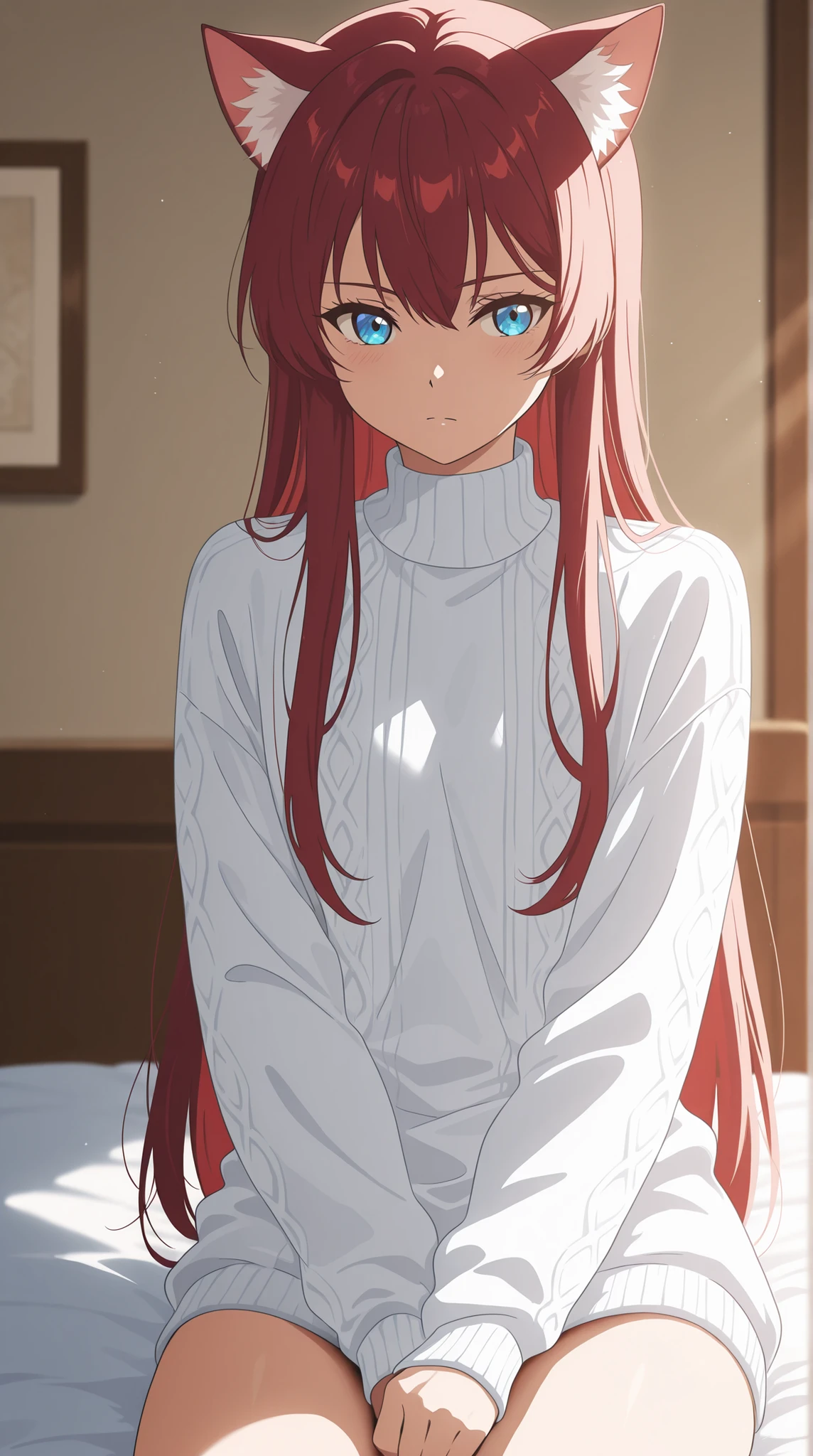 Rella,(anipai_style:1.05),Ultra-fine contours, (smooth and precise lines: 0.32) clean anime-style lines, (thin and flawless line art: 0.65), professional fine line detail, refined and polished contours (smooth edges and perfect: 0.82), without irregular or discontinuous lines. masterpiece,best quality, ultra-detailed, Ultra-thin outlines, clean lines, delicate lineart, fine details, high-definition, precise edges, professional inking, smooth strokes,high resolution, sharp lines, vibrant colors. smooth shading, intricate details, soft lighting, perfect anatomy, expressive eyes, professional illustration, anime style, well-defined edges, refined textures, anime screenshot, | (deep skin), depth of field, dramatic light, high quality, highly detailed, vibrant colors, soft lighting, | (anime_screenshot:0.7), best quality, very aesthetic, absurd. ||indoors, bedroom, cinematic lighting, indoors, depth of field, very wide shot, sitting, on bed, a striking woman in her twenties. 1girl, solo, character raifu \(disty\), cat ears, blue eyes, dark red hair, straight hair, white ear fluff, (small breasts:0.7), (medium breasts:0.3), white sweater, (nipples:0.65)