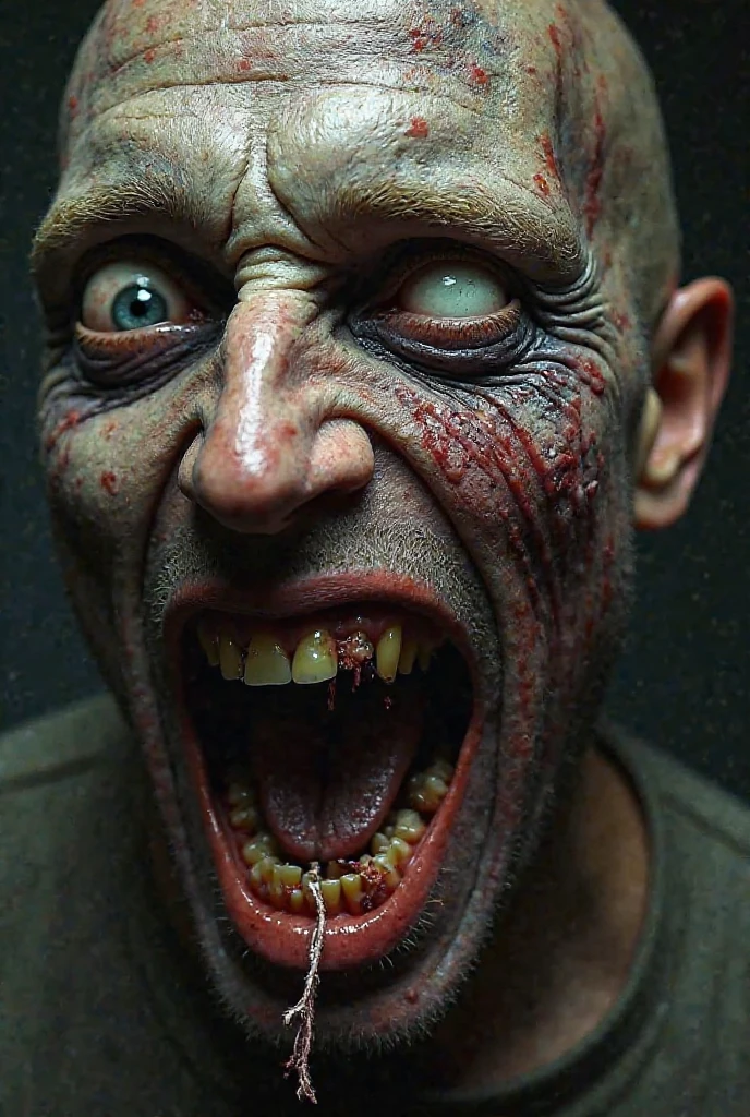 Grotesque hyper-realistic close-up of a man’s face mid-transformation into a zombie. Patches of his skin are peeling away, revealing decayed muscle and blackened veins. His left eye is fully white, while his right eye twitches erratically. His cheeks are hollow, and his teeth begin to loosen—one dangles by a thin strip of flesh. Wet, squelching textures, terrifying lighting, horror photography style, extreme close-up, terrifyingly detailed decay."