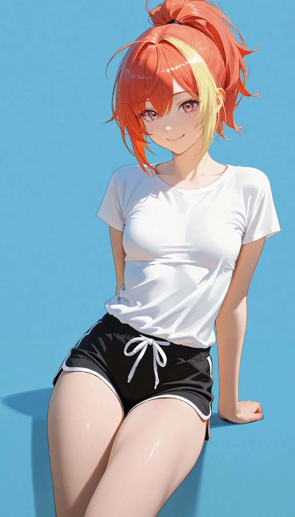 ,smile,ponytail dyed hair,stand up,black shorts,white shirt,sexy legs,perfect body, very small breasts,Soft light, High Precision, best quality,upper body,blue plain background ,blue background