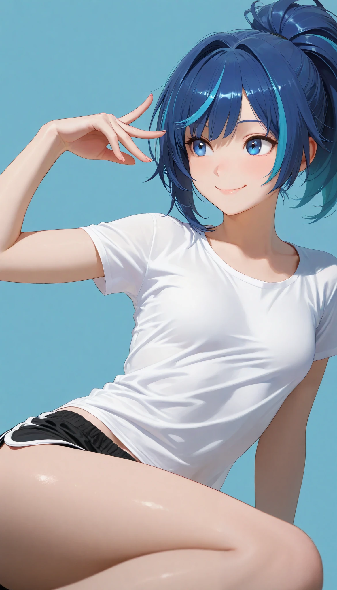 ,smile,ponytail dyed hair,stand up,black shorts,white shirt,sexy legs,perfect body, very small breasts,Soft light, High Precision, best quality,upper body,blue plain background  ,blue background