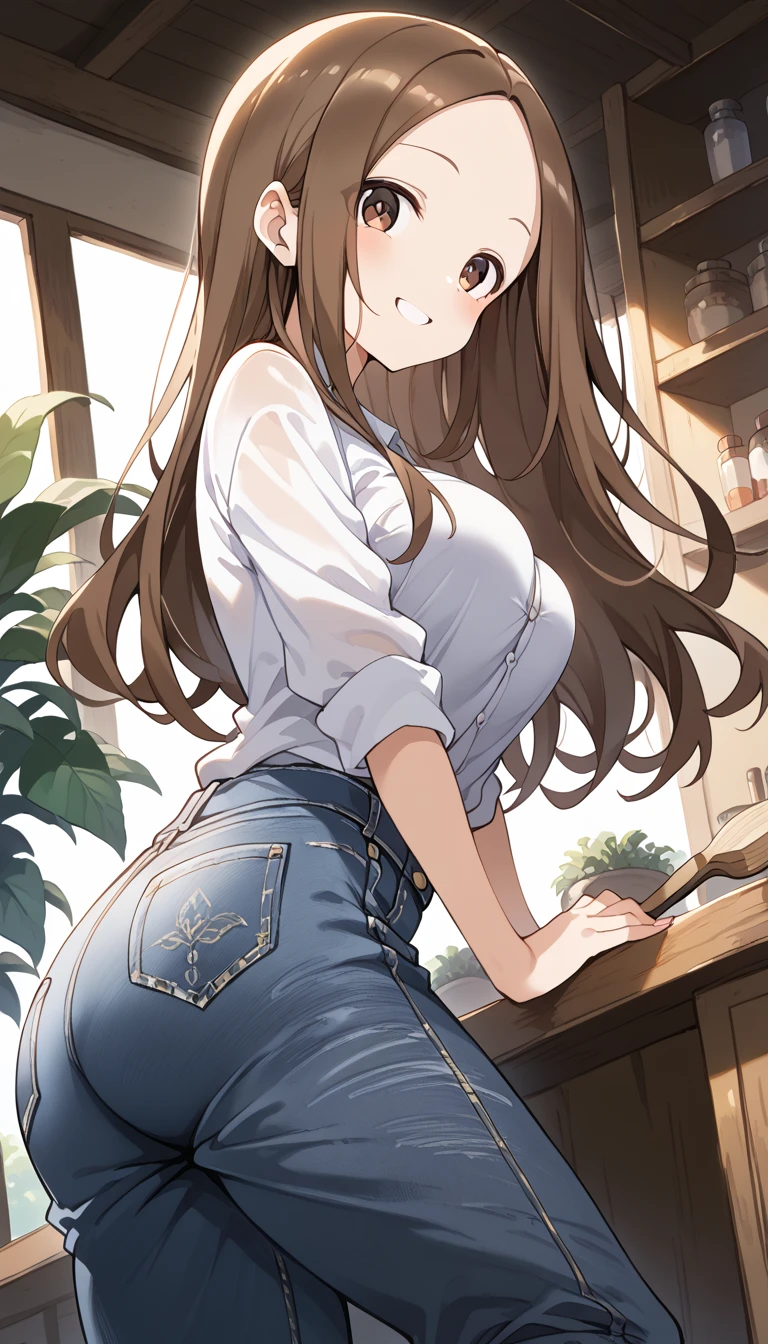 nozomitoujou, nozomi toujou, green eyes, brown hair, curly hair, large breasts, masterpiece, best quality, high resolution, beautiful detailed eyes, extremely detailed face, good lighting, detailed CG, messy hair, worried, (white fishnets), full body, standing, looking back at viewer