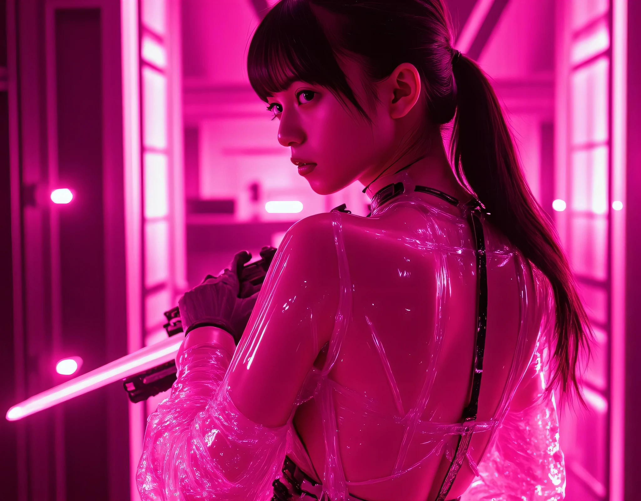 (((The dark interior of the Nostromo ship :2.0))),((( HR Gigger style cyberpunk atmosphere :2.0))),(((Hold a laser rifle in the shape of a large male penis:2.0))),side view from the back,Side pose,((looks back and look at the camera:2.0)),(( looking back over my shoulder :2.0)),Rear View,((full body:2.0)),One Woman,(Cute Face),(Beautiful well-balanced face ),((long hair with bangs:2.0)),( black hair:1.5),(beautiful eyes:1.3),a glamorous shot of a 20-year-old Japanese woman, Slender Beautiful Body ,((model body type:2.0)),(( slim body with hot water:1.7)),perfect body line,ideal proportions,(bigger breasts in bikinis:1.5),Bare thighs,sensual thighs seen from below the crowd,delicate body,( Muscular:1.5),A harmonious posture,((Beautiful ass:2.0)),((cute ass:2.0)), ((((Bare ass :2.0)))),((( T-back :2.0))),(Realistic breast depiction :1.5),carefully depicting limbs based on perfect anatomy,Filled with multicolored LEDs,((Transparent super high leg leotard that shines pink like the armor of a near-future samurai:2.0)),((super high leg leotard made of sparkling glass that fits the body:1.5)),((military coat style translucent pink coat with the front open over a leotard:2.0)),(ear monitor:1.5),((Tactical Holster:1.5)),(gloves:1.3),Concept Art,(top quality:1.5),(masterpiece:1.5),(Ultra-high resolution),resolution,UHD,(Delicate Description), carefully drawn with butterfly wings ,32K,((realistic skin texture:1.5)),((( super realistic :1.5))),carefully draw eyelashes,Highly Detailed Faces,Highly detailed female hand,very sensual,(Blurry Dim Backgrounds :1.5),professional photo shoot,(movie light:2.0),((Blade Runner-style lighting:2.0))