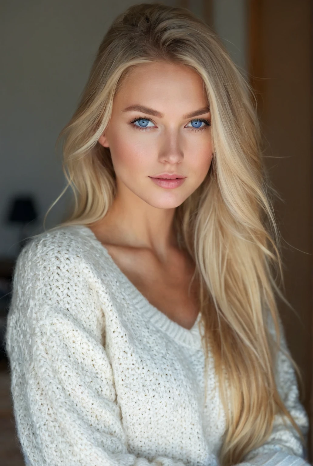 a breathtaking beauty photo of a beautiful woman <lora:VictoriaSilvstedt:1>, very blonde hair, long hair, blue eyes, simple neutral background, dramatic rim lighting, fill lighting,  increased detail, increased sharpness, increased contrast, looking at viewer,  OverallDetail,   fcPortrait, dutch angle, wearing a white turtleneck sweater