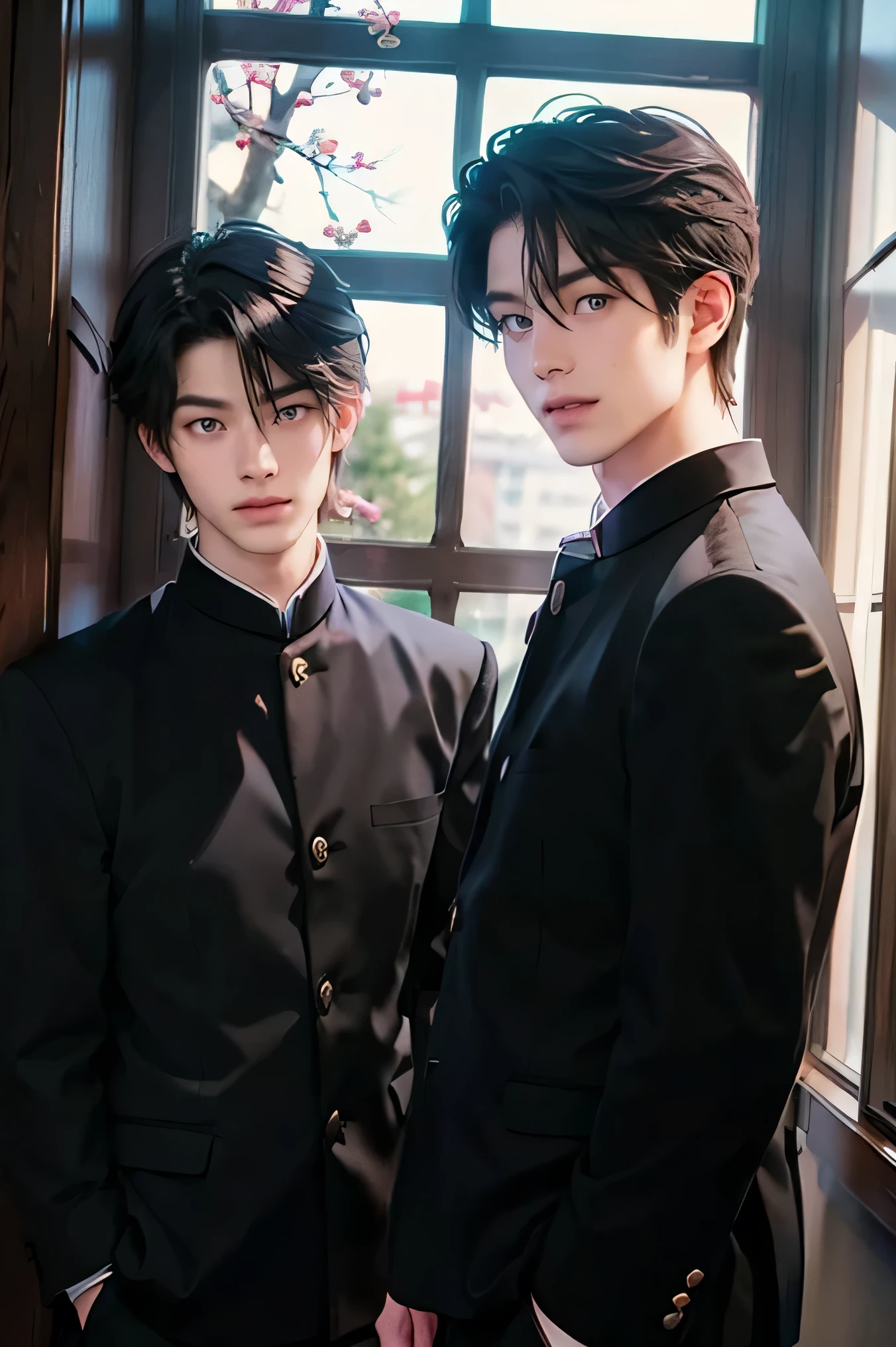 Two Japanese men　　handsome　　smile　In the classroom　　window　二人共にBlack school run　school uniform　Black school run　 boys love cartoon　　The two are good friends.　Future Classroom 　Outside the window is early spring　there is only one cherry tree　　二人共にBlack school run　