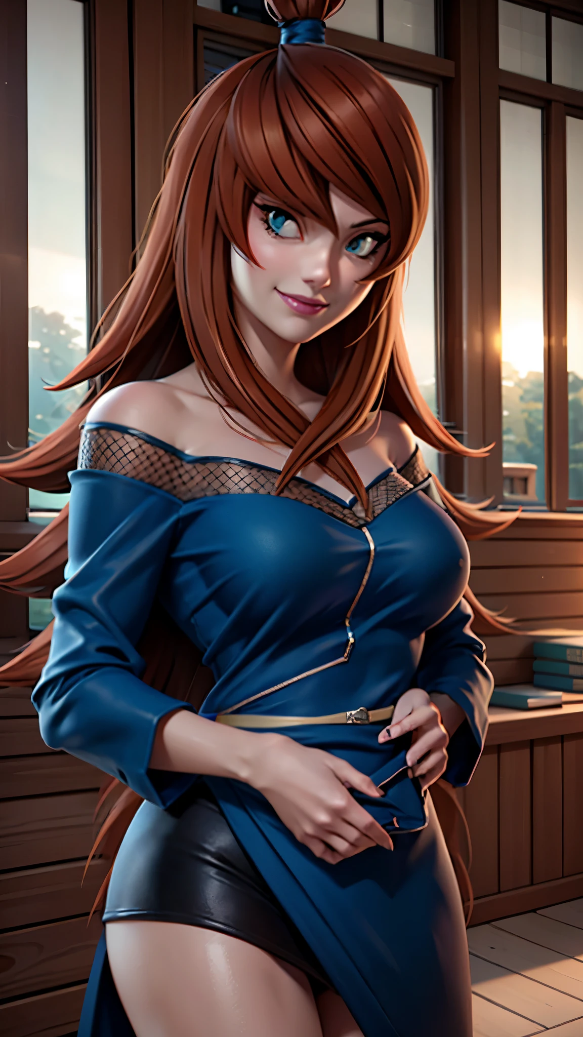 "A highly realistic depiction of a beautiful woman resembling Terumi Mei from Naruto Shippuden in real life. She has long, flowing auburn hair, bright green eyes, and a warm, confident smile. She is wearing a stylish hoodie, blending modern fashion with a touch of elegance. The hoodie is slightly oversized, giving her a casual yet attractive look. Her makeup is subtle, emphasizing her natural beauty. The background is softly blurred, suggesting an outdoor urban setting or a cozy indoor environment. The lighting is natural and flattering, enhancing her radiant complexion and expressive eyes."