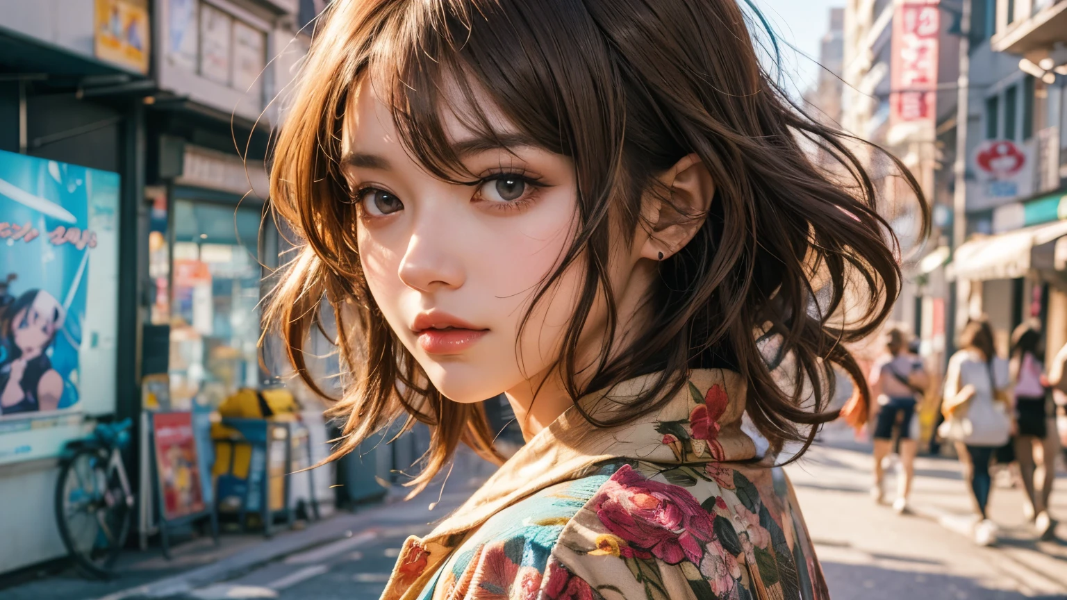 1girl in(((Facial expressions are randomly generated)))、Reaching the climax:1.3, short-cut、masutepiece、Bottoms are randomly generated、( Skeleton illustration printed shirt )、red and dense hair、Red GI Cut、Background bokeh:1.5