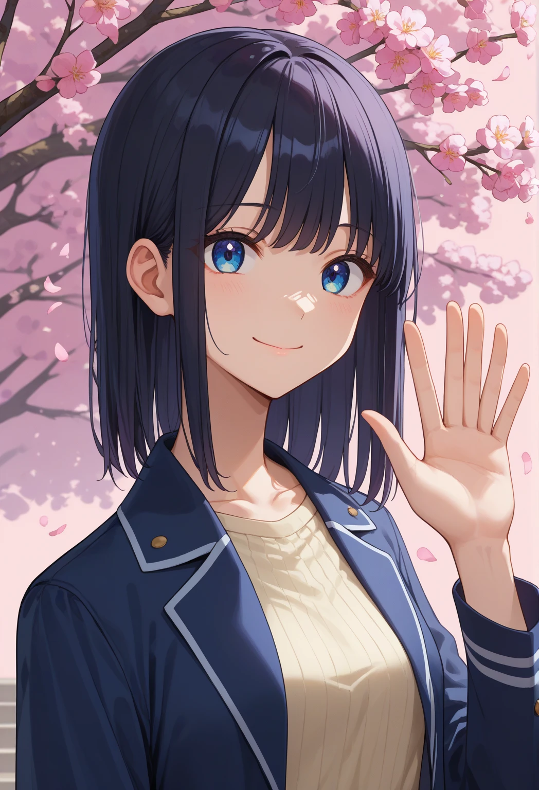 A quiet girl with dark blue hair girlwearing a cardigan with a smile on her face, standing in a sunny garden surrounded by colorful flowers.