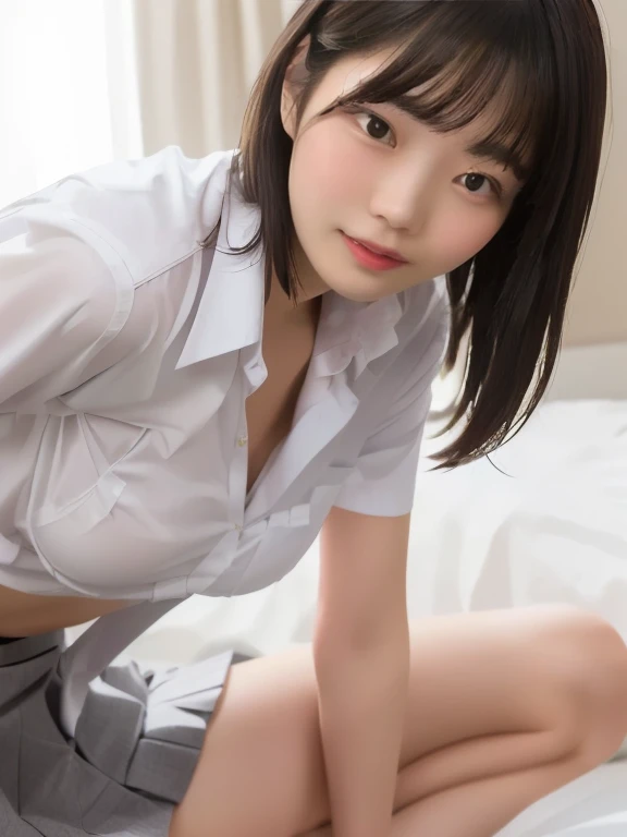 highest quality, shape, Very detailed, finely, High resolution, 8k wallpaper, Perfect and dynamic composition, Beautiful and detailed, Medium Hair, Mid-chest, Natural color lip, Sexy pose, Life form, View your viewers, smile, ,Young face、、low length、Very small breasts、Ecstasy (school uniform:1.8、Exposing breasts), Cum in pussy, Sex, erotic, Fair skin, Whitening, (Sex, vaginal Sex:1.1), Cum in pussy, Heterosexual, Life form, Mole, Mole under eye