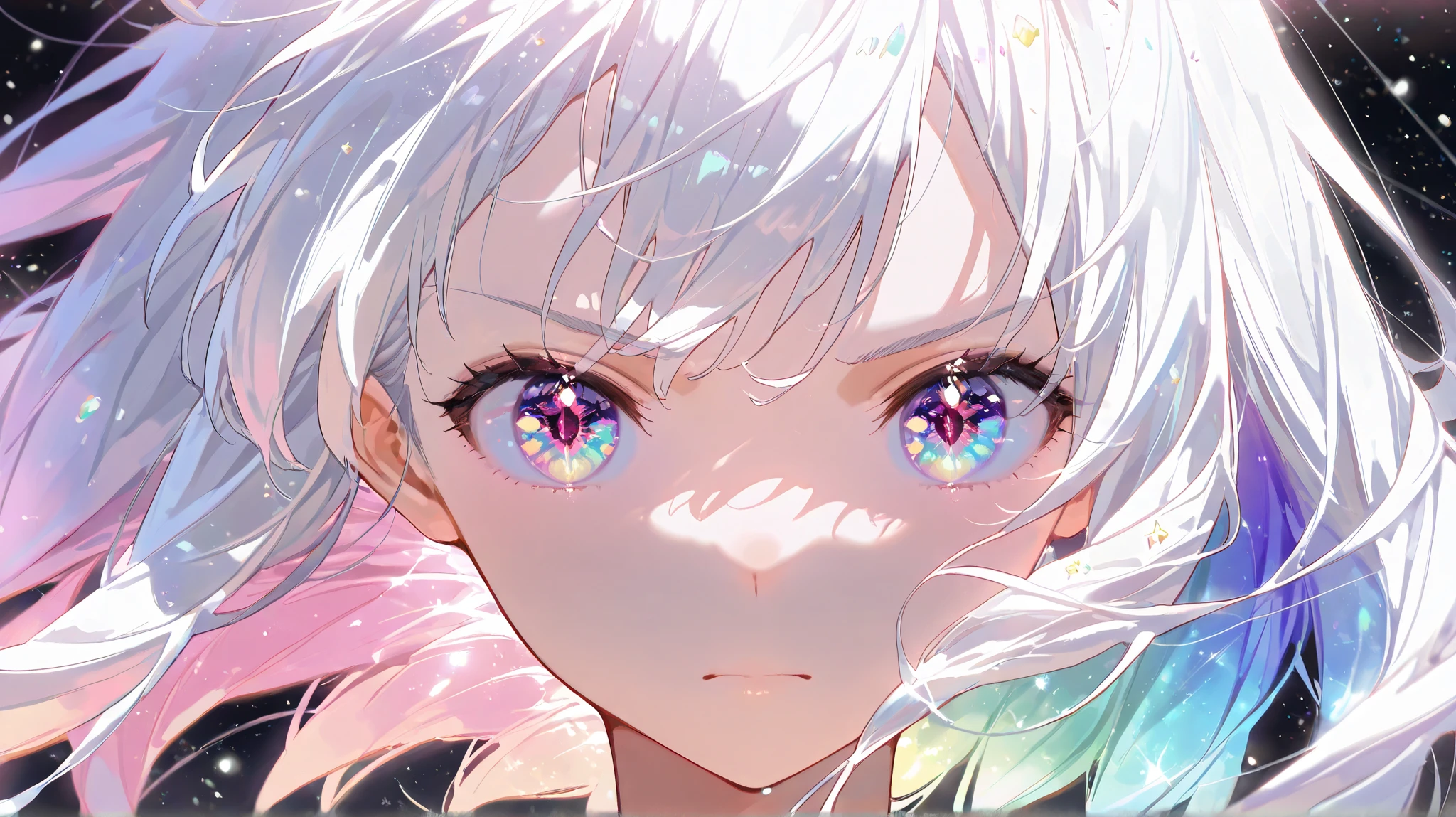 masterpiece, 最高quality, expensive_quality, expensive_resolution, masterpiece*portrait, whitespace, colorful, 1 girl, Alone, white_hair, prism hair, [pink|green] eye, gradient eye, multicolored eye, Shine eye, Shine,  glitter, Shine white particles,  Wind Lift , full_body, Serious,