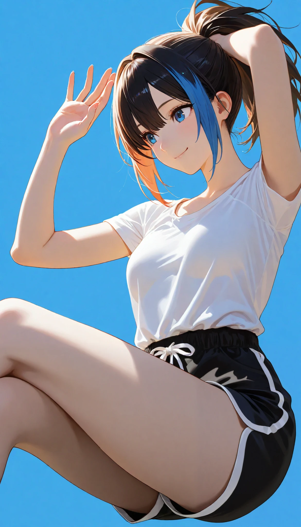 ,smile,ponytail dyed hair,stand up,black shorts,white shirt,sexy legs,perfect body, very small breasts,Soft light, High Precision, best quality,upper body,blue plain background ,blue background