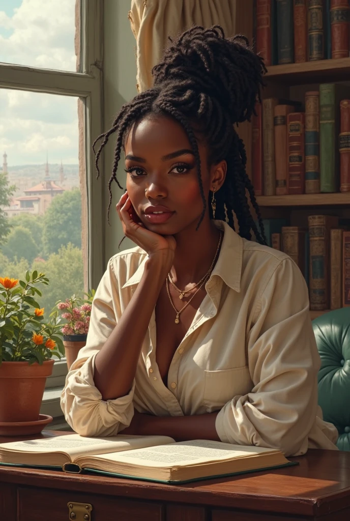 high-quality student style, 28-year-old, skinny and delicate, pretty African dark-skinned, shoulder long dreads hair, sitting by the window, reading a book, smiling, waving at the viewer, cozy room view, many plants on the wall, plants in vase, books, computer desk, ultra-wide monitor, a library of books., countryside view. stylish fashion, best quality, realistic, masterpiece