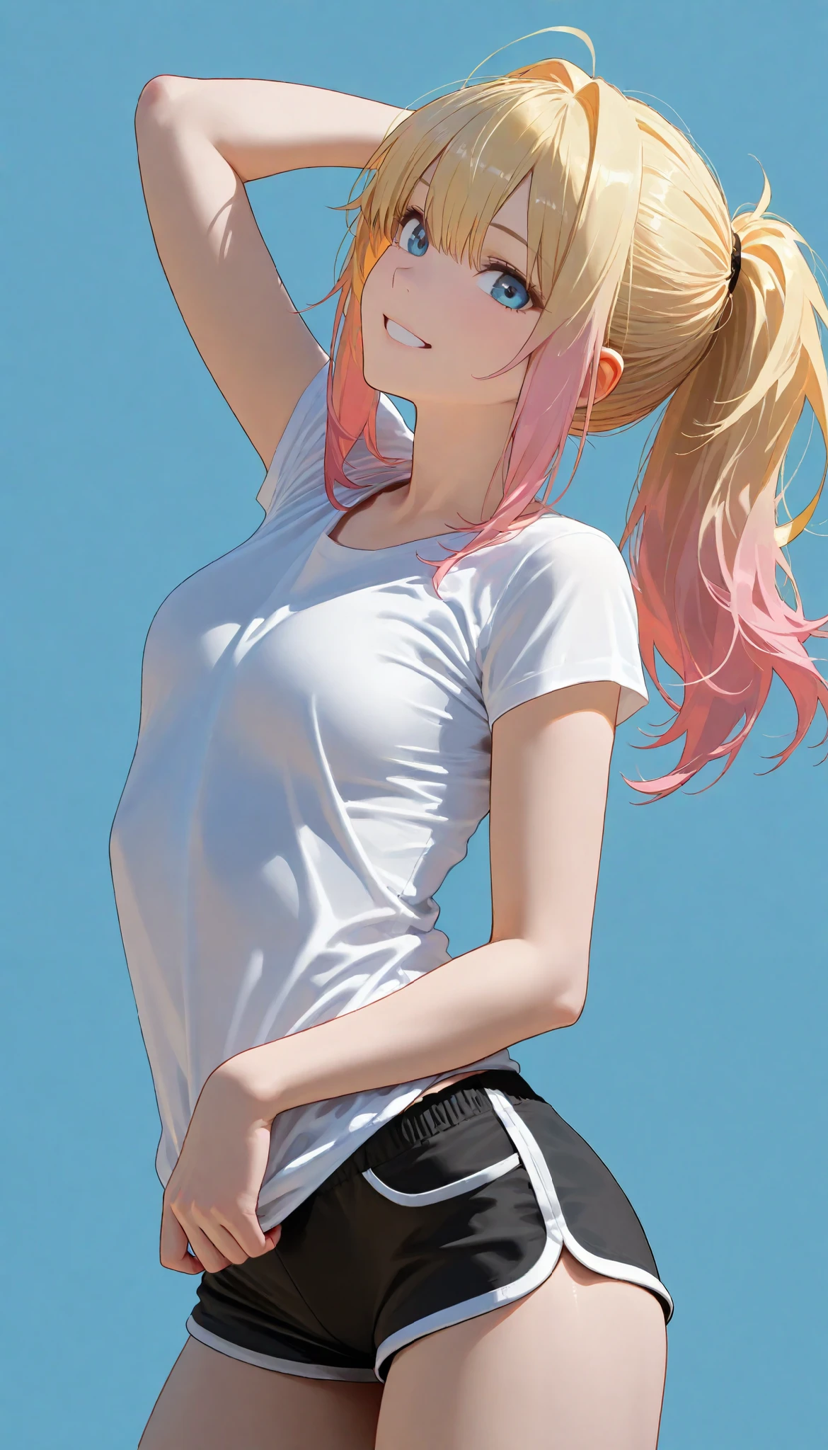 ,smile,ponytail dyed hair,stand up,black shorts,white shirt,sexy legs,perfect body, very small breasts,Soft light, High Precision, best quality,upper body,blue plain background ,blue background