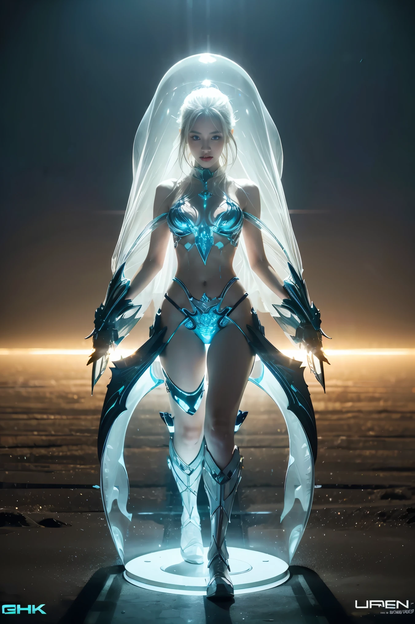 (masterpiece, Top quality, best quality, Official Art, beautiful and aesthetic:1.2), (1 Girl), (Fractal Art:1.2),absurd, high resolution, Making clothing out of extremely fine transparent blue liquid, Ultra-precise depiction, Solitary, (Zentangle:1.2), Flowing hair, shiny skin, (Abstract:1.2), tights, looking at the audience, complex , Halo,