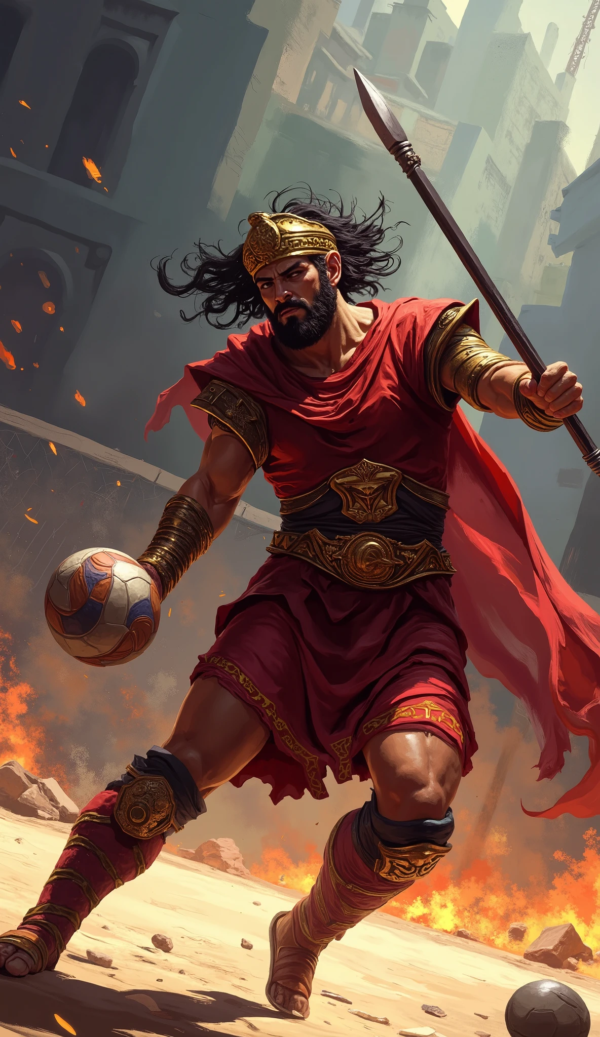 greek god ares, god of war, ((playing volleyball:2)), volleyball ball, background is volleyball court, ((professional volleyball player pose defensive)), ((Receives the ball)), (((defending court))), (((defending))), 4K, high details, (digital painting), ((oil painting:2.2)), masterpiece, particles, ((he is wearing red greek hoplite armor covered with golden ornaments)), ((he is wearing golden greek helmet)) (red theme color), high quality, high contrast, strong light, flames, (((he is holding spear in one hand)))