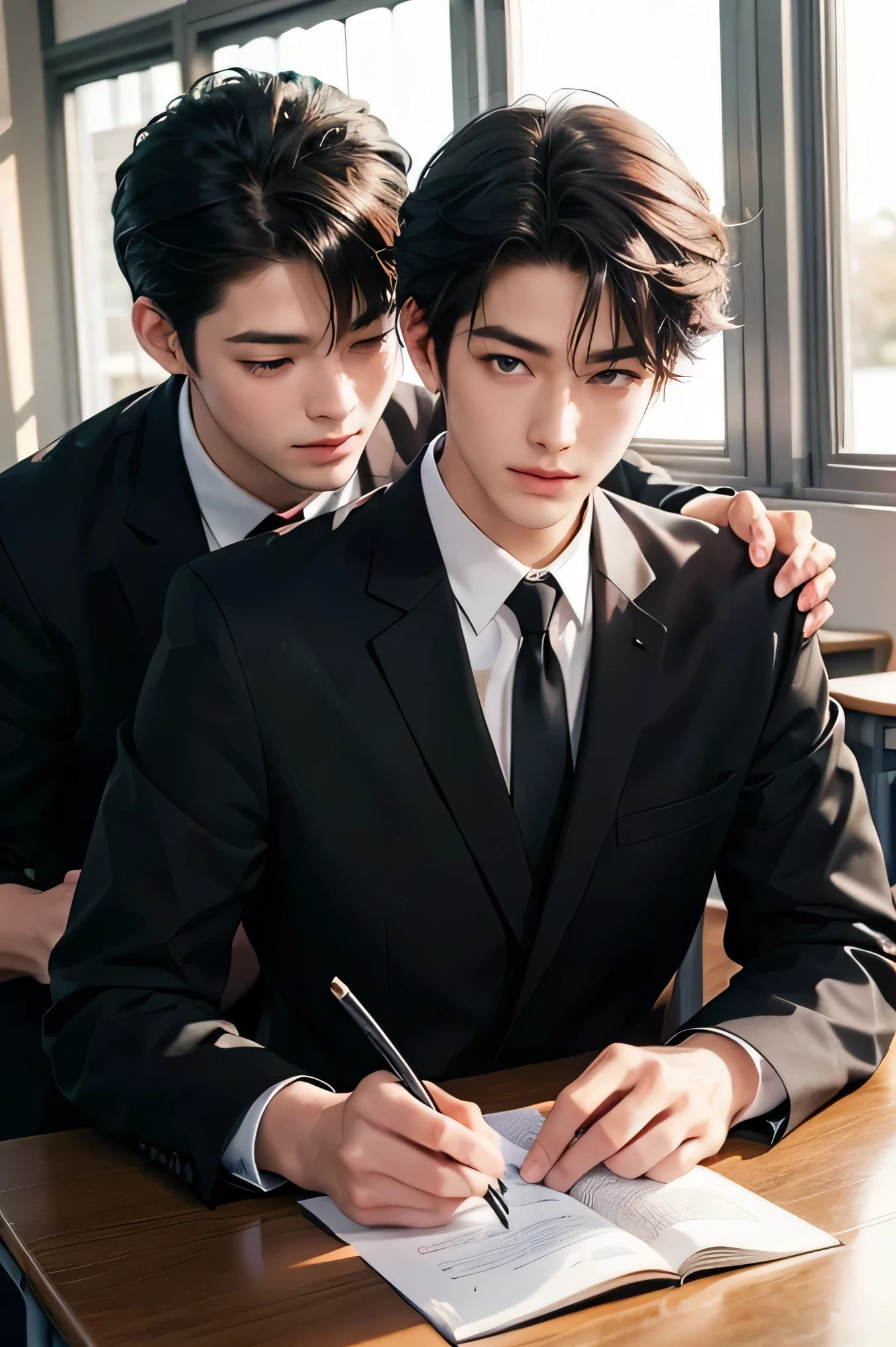 Two Japanese men handsome smile In the classroom window 二人共にBlack school run school uniform Black school run boys love cartoon The two are good friends. Future Classroom Outside the window is early spring there is only one cherry tree 二人共にBlack school run