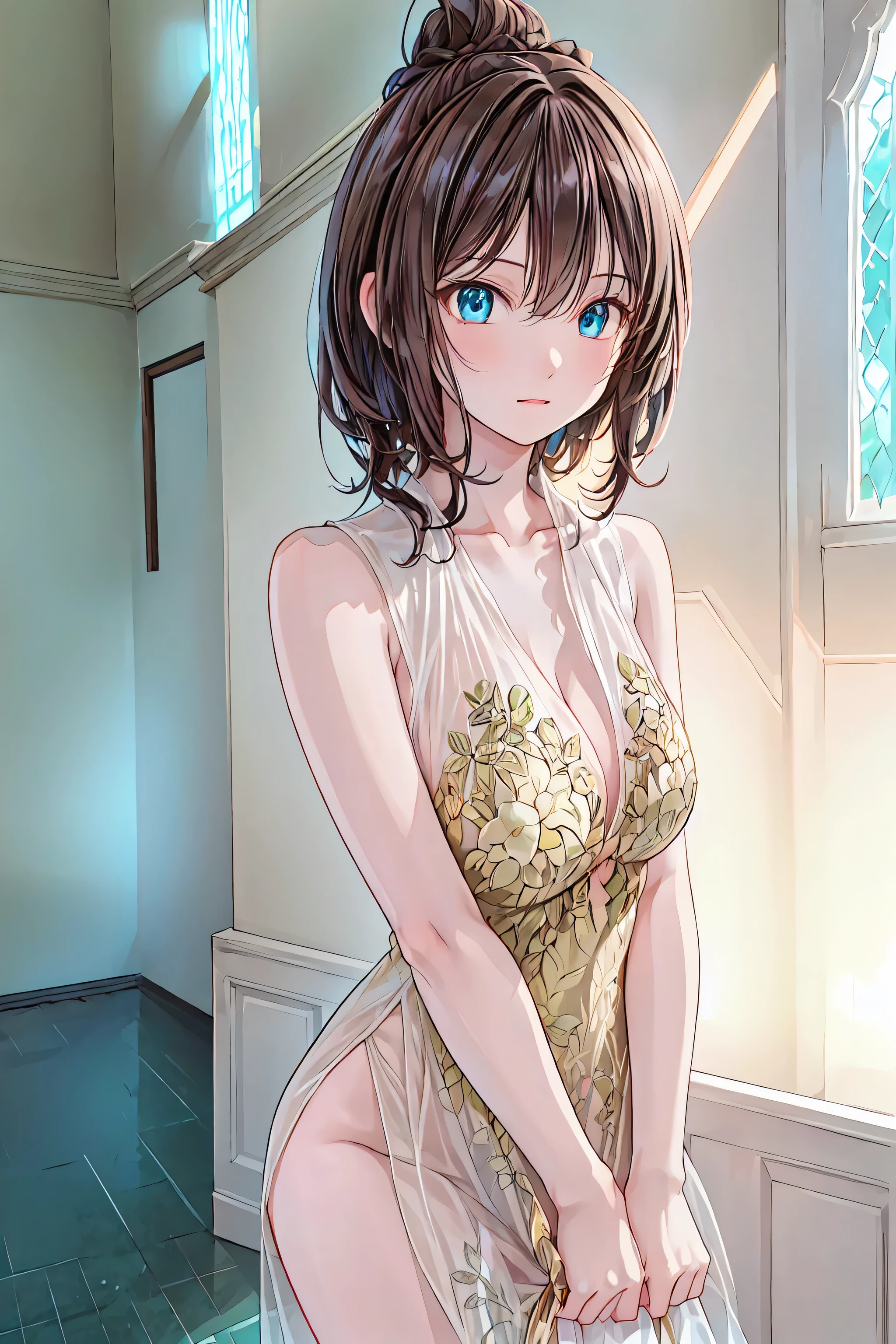 ((((masterpiece, highest quality, High resolution)))), (1 girl:1.5),
short wavy hair, bob cut, (big breasts: 1.2),
no makeup, blush, light smile, shine, thighs, bare shoulders, clavicle,
tight waist, cleavage, wide hips,
(beautiful detailed face, beautiful and fine eyes), long slender thighs, perfect eyes,
looking at the viewer, seductive looks, seductive pose,
Stand on the door, turn your arms behind your back, at night, Satin Nightgown,
See through, translucent,