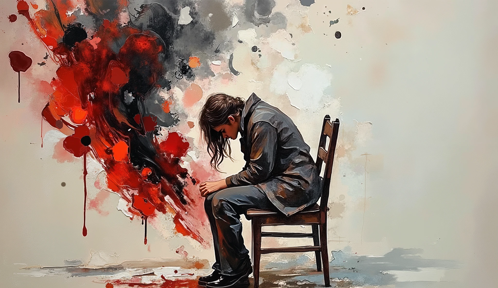 an illustration of a woman sitting hunched forward on a chair against a neutral backdrop, inspired by James Jean, with ominous dark red, gray and black smoke swirling around them, ink splashes dripping from above representing external burdens, person's posture conveying emotional weight, cool color temperature with dramatic shadows, melancholic and tense atmosphere --v 5 --stylize 1000