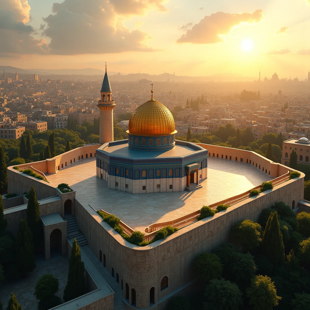 Old masjid e aqsa with flag of islam