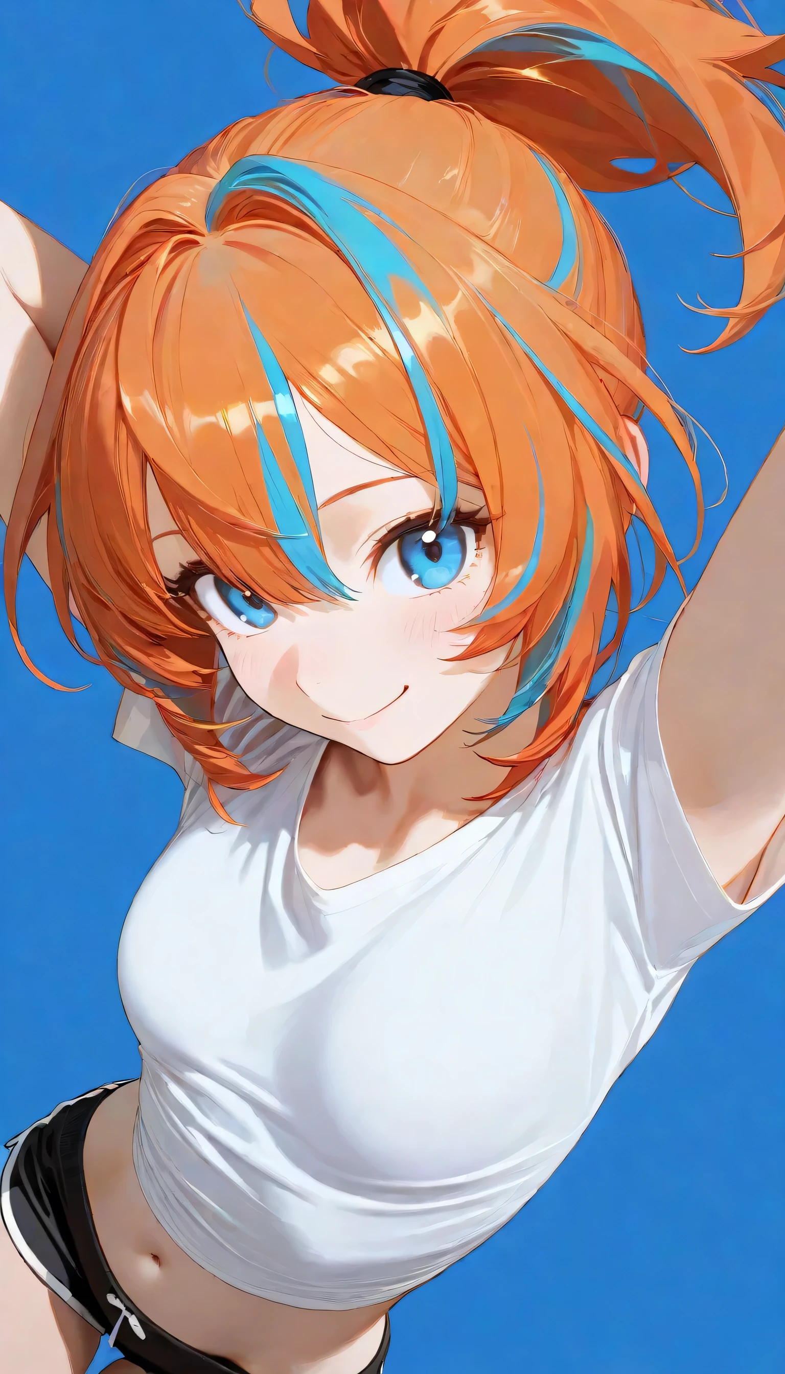 ,smile,ponytail dyed hair,stand up,black shorts,white shirt,sexy legs,perfect body, very small breasts,Soft light, High Precision, best quality,upper body,blue plain background  ,blue background