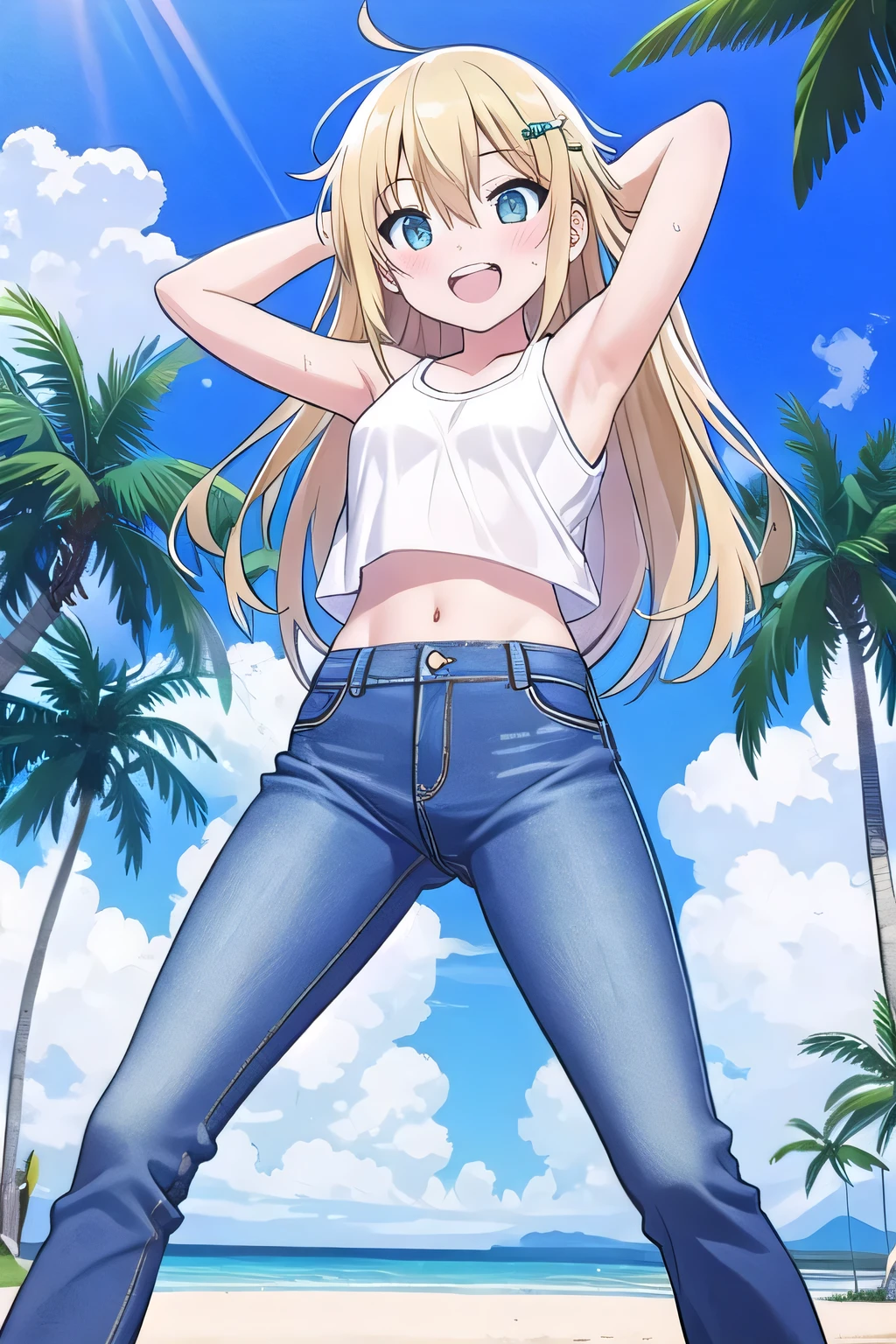 masterpiece, best quality, ultra detail, ((Perfect Face, perfect eyes, perfect hair, perfect arm)), 1girl, , petite, ((round face, ecstasy, orgasm face, drooping eyes, shame smiling, blush)), dropping eyes, sleepy, Open mouth, ((White teeth)), background((under the beach, (day:1.2), palm tree, bright sky)), miku hatsune, ahoge, green eyes, (blonde hair:1.2), crossed bangs, hair between eyes, hair ornament, (long hair:1.0), (messy hair:1.7), ((arms behind head, hands behind head, fingers behind head)), ((contrapposto)), spread armpits, looking at viewer,, (white tank top:1.2), (white crop top:1.2), (jeans pants:1.2, flares jeans:1.2, skinny jeans:1.2, blue jeans:1.2), standing, (legs spread:1.4), sex pose, Sweaty crotch, Steam from the crotch, from below, whole body