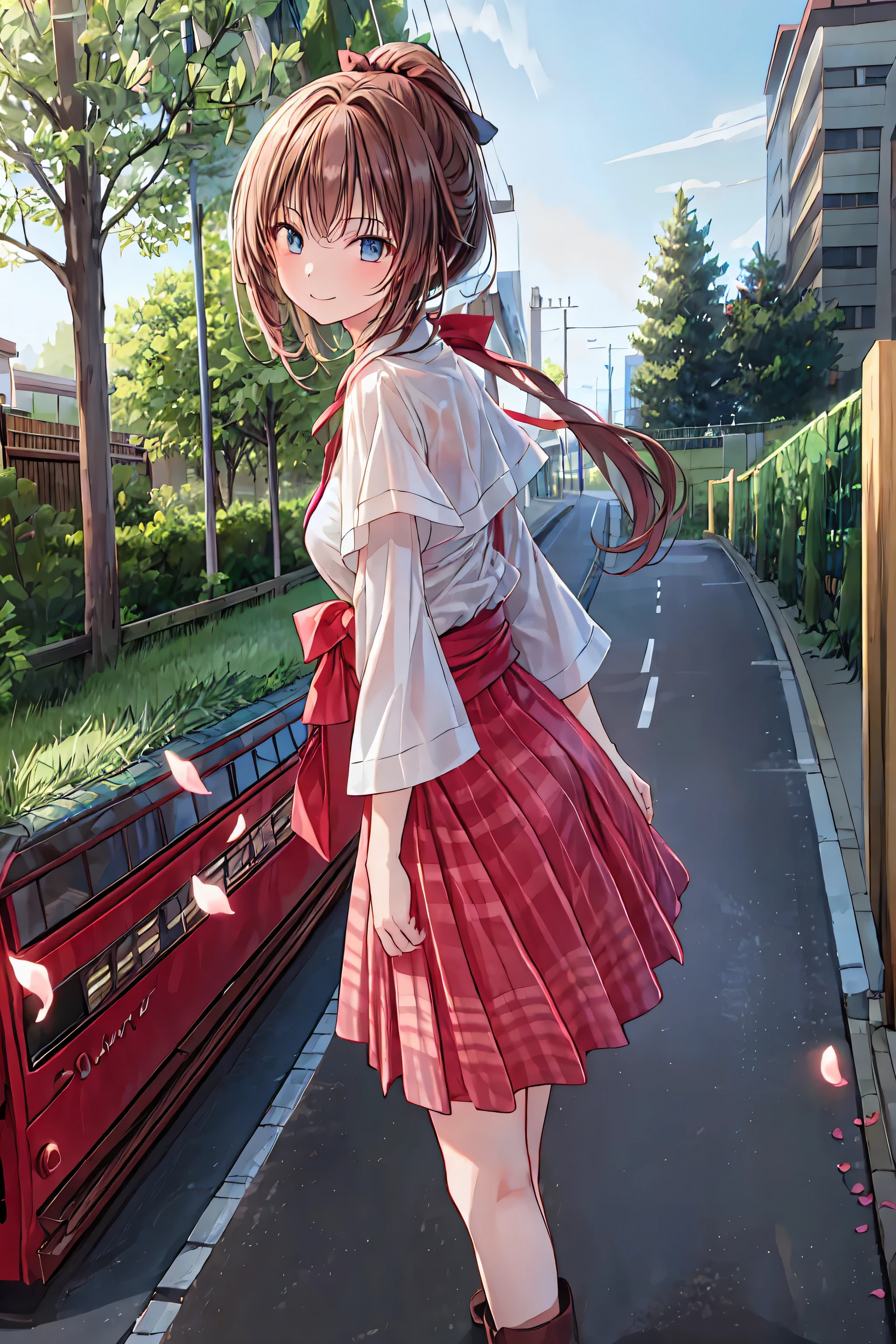 tanuki girl, tanuki, kawaii, on a streets of tokyo, sunset, sunbeams, magical lighting, akihabara, in cute short dress, undies visible, panties visible, smiling, blushing, shy pose, kawaii outfit, beautiful hair, looking away Short skirt raised show panties NSFW