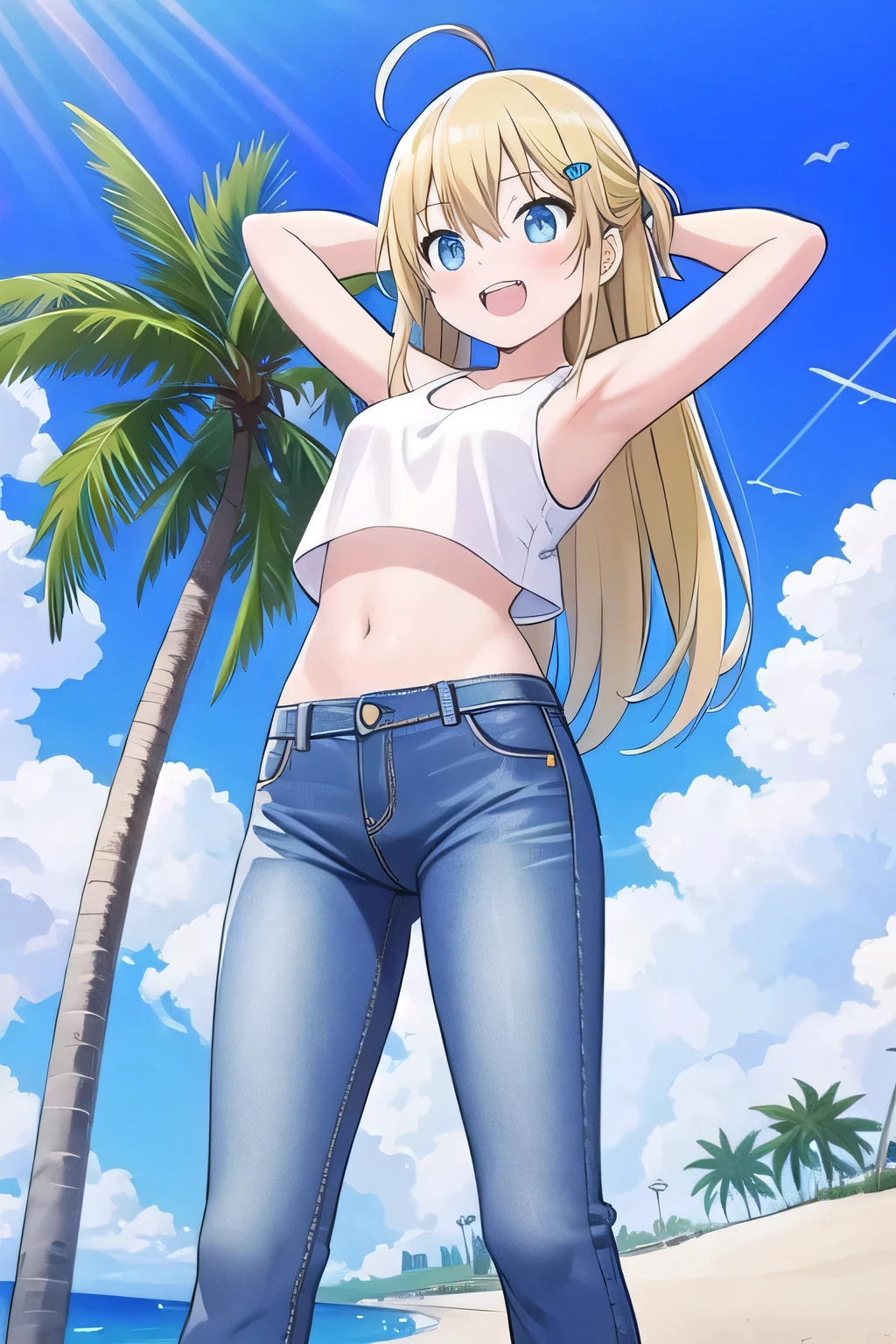 masterpiece, best quality, ultra detail, ((Perfect Face, perfect eyes, perfect hair, perfect arm)), 1girl, , peti ((round face, ecstasy, orgasm face, drooping eyes, shame smiling, blush)), dropping eyes, sleepy, Open mouth, ((White teeth)), background((under the beach, (day:1.2), palm tree, bright sky)), miku hatsune, ahoge, green eyes, (blonde hair:1.2), crossed bangs, hair between eyes, hair ornament, (1ong hair:1.0), (straight hair:1.7), ((arms behind head, hands behind head, fingers behind head)), ((contrapposto)), spread armpits, looking at viewer,, (white tank top:1.2), (white crop top:1.2), (jeans pants:1.2, flares jeans:1.2, skinny jeans:1.2, blue jeans:1.2), standing, (legs spread:1.4), sex pose, Sweaty crotch, Steam from the crotch, from below, whole body