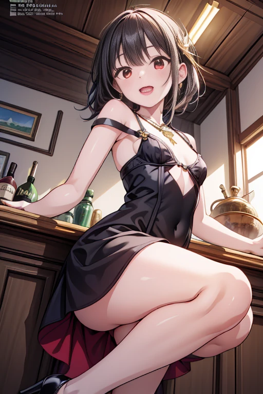 (from below:1.2),(from side:0.9), ((Face)), (Close-Up:0.4), masterpiece,"A 26-year-old girl stands at a bar counter. She is dressed in a stylish. small breast: 1.3 off-shoulder dress, sweater dress, off-shoulder sweater, red sweater,garter stocking, cleavage:1.1, midriff, black shorts, black thighhighs, thigh strap, pretty girl, (highly detailed beautiful face and eyes,firm breasts),real skin,((black,hair,long pony tail hair)),thin pubic hair,cute and lovely pose, detailed eyes, This masterpiece is only visually stunning but also tells,(double breasted:0.6,under bust:0.6),(with sparkling eyes and a contagious smile),open mouth, The bar is beautiful, with colorful bottles of alcohol in the background and a soft glow from neon lights. The atmosphere is relaxed, and the girl looks confident and fashionable,full body, sexy and cute pose,make a cocktail , in a bar counter, Looking at Viewer,