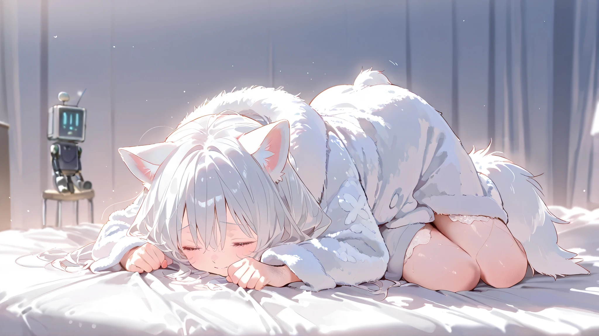  and,  high quality,  masterpiece、 cartoon anime、hairy woman、 、LCD Screand 、(=^・^=)、 robots 、pure white fur coat、Lyandg down 
、