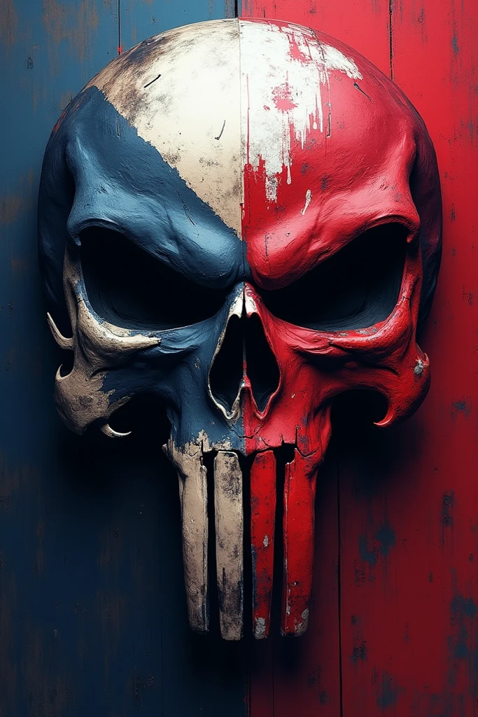 Full-face Portrait of Punisher, red and blue color scheme, sinCity_iamYork