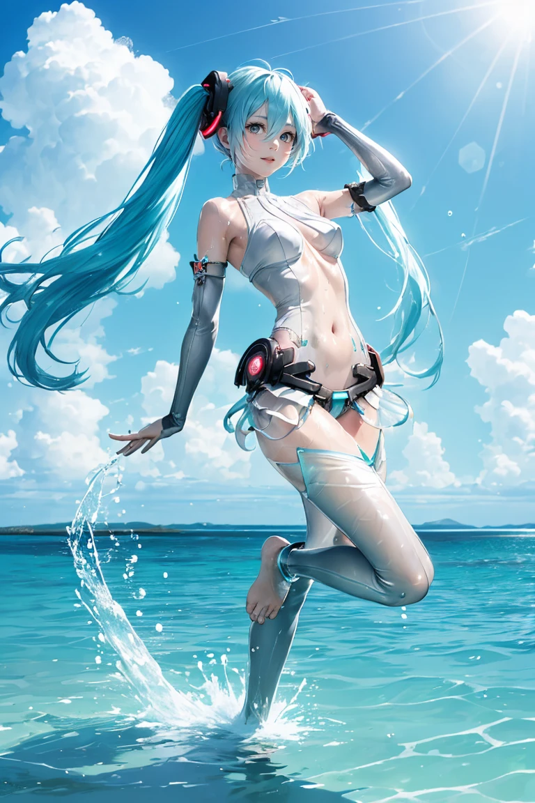 (master piece), (best quality), (4k definition), (anatomy; perfect), Hatsune Miku character, 1 girl, fair skin, blue eye, blue hair), (Locks, bangs), hair tied on both sides , (hair lighting effects), eyebrow, nose, ear, tight mouth, smile, (bright skintight swimsuit), thick legs thick thighs, standing, backdrop, in the park, beautiful day, lighting, looking at the Viewer