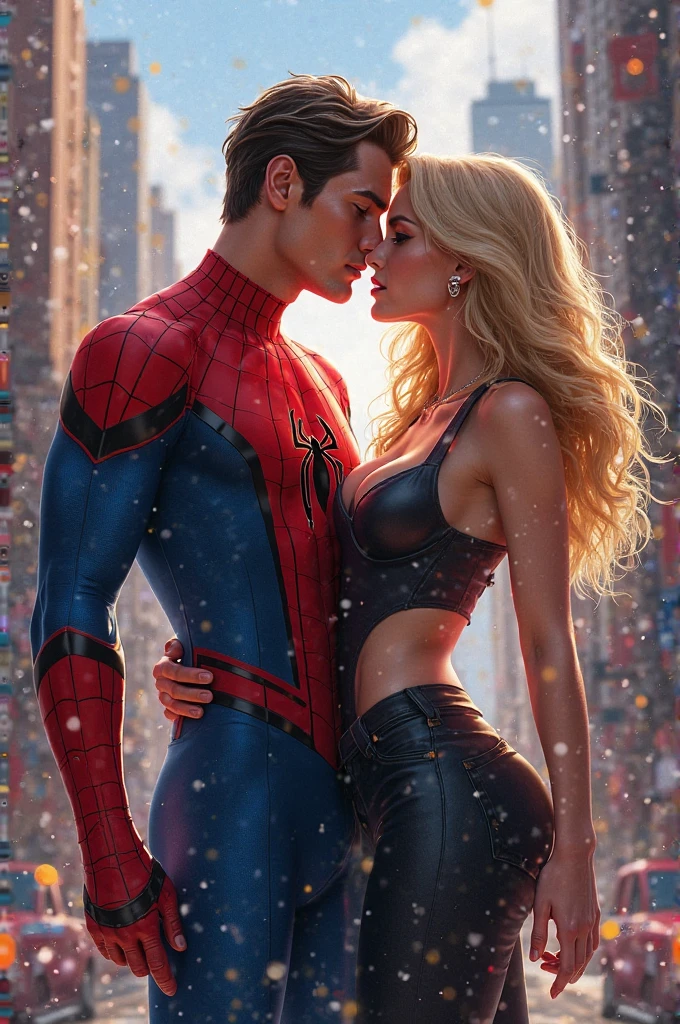 Spiderman is inserting his fingers in Spider Gwen’s vagina under her skirt, he is fingering her, she is in ecstasy, 