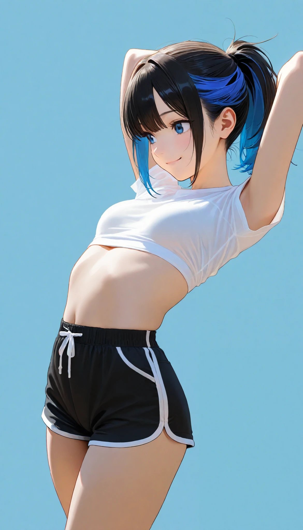 ,smile,ponytail dyed hair,stand up,black shorts,white shirt,sexy legs,perfect body, very small breasts,Soft light, High Precision, best quality,upper body,blue plain background ,blue background