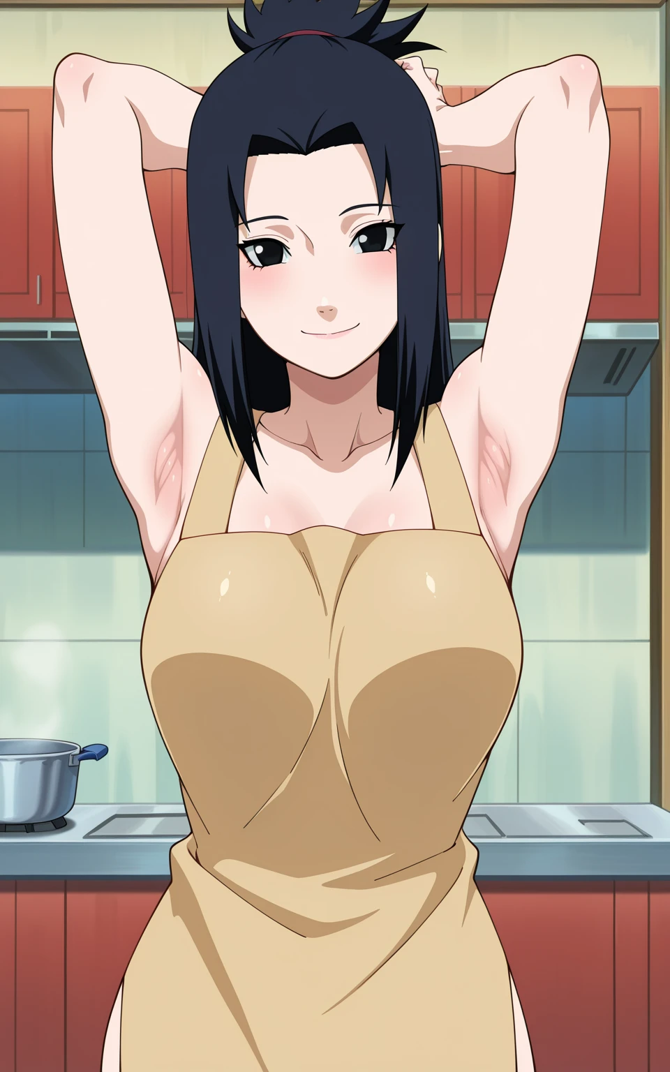 anime、detailed description、Doraemon、Imagining the future、minamoto,woman、((40歳woman))、mother、((Big Breasts))、((Cleavage))、Red cheeks、Uplifting、Adult、sexy、((Light pink long babydoll camisole))、See-through panties、No bra、Sweating profusely、Staring at the audience、Engage your audience、Embarrassing、smile、kitchen、kitchen