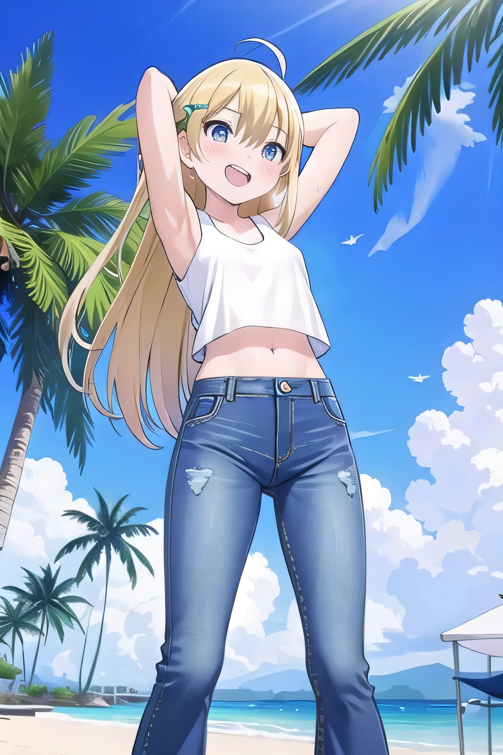 masterpiece, best quality, ultra detail, ((Perfect Face, perfect eyes, perfect hair, perfect arm)), 1girl, , peti ((round face, ecstasy, orgasm face, drooping eyes, shame smiling, blush)), dropping eyes, sleepy, Open mouth, ((White teeth)), background((under the beach, (day:1.2), palm tree, bright sky)), miku hatsune, ahoge, green eyes, (blonde hair:1.2), crossed bangs, hair between eyes, hair ornament, (1ong hair:1.0), (straight hair:1.7), ((arms behind head, hands behind head, fingers behind head)), ((contrapposto)), spread armpits, looking at viewer,, (white tank top:1.2), (white crop top:1.2), (jeans pants:1.2, flares jeans:1.2, skinny jeans:1.2, blue jeans:1.2), standing, (legs spread:1.4), sex pose, Sweaty crotch, Steam from the crotch, from below, whole body
