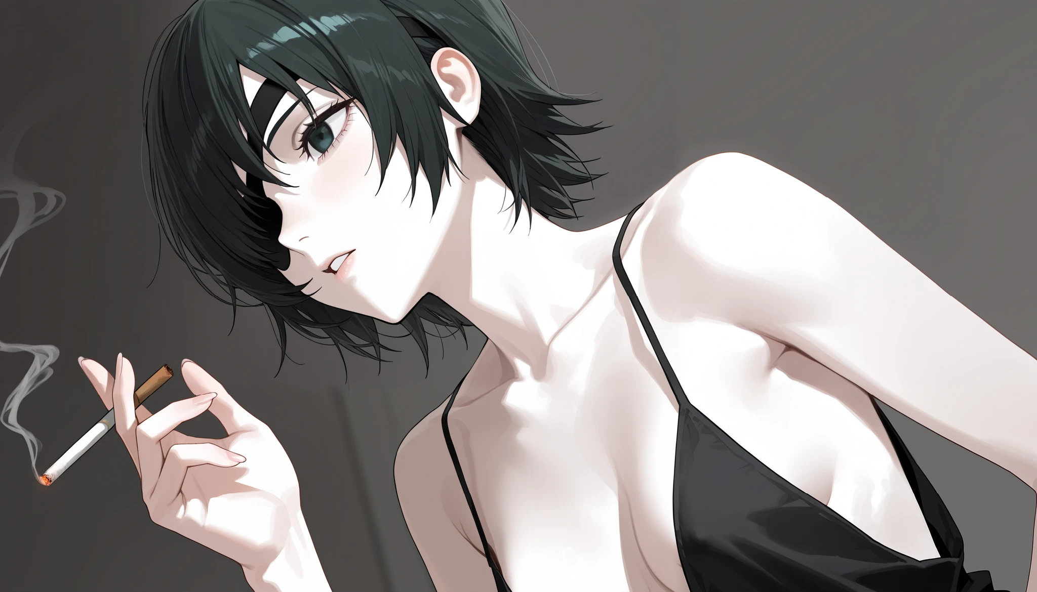 Maki Zenin, bra, evil smile, big chest, big ass, dark green hair, sleevless, turtleneck, (Best Quality, masterpiece, High resolution, anime screen cap, anime colours), 1 Girl, Upper body, (Perfect Anatomy, perfect detailed body, Eyes and hair in beautiful detail, Beautiful breasts and skin), armpits, armpits visible,