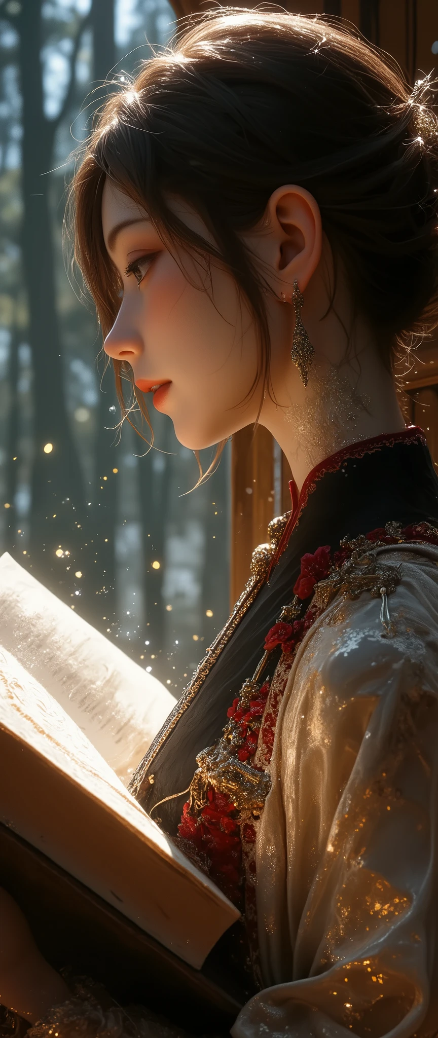   (close up A Forbidden magical Book), best quality , high image quality during sick leave, 16k,   unbelievably ridiculous ,  very well detailed, 2.5D,  delicate and dynamic,  cute sexy girl,  captivating smile on the top of the head, , close up back view of a beautiful busty Japanese girl in a kimono reading a large very old forbidden magical book at hiddned library, view from outside, glitter effect, silence, quiet,, diffuse reflection of light, , glitter effect
